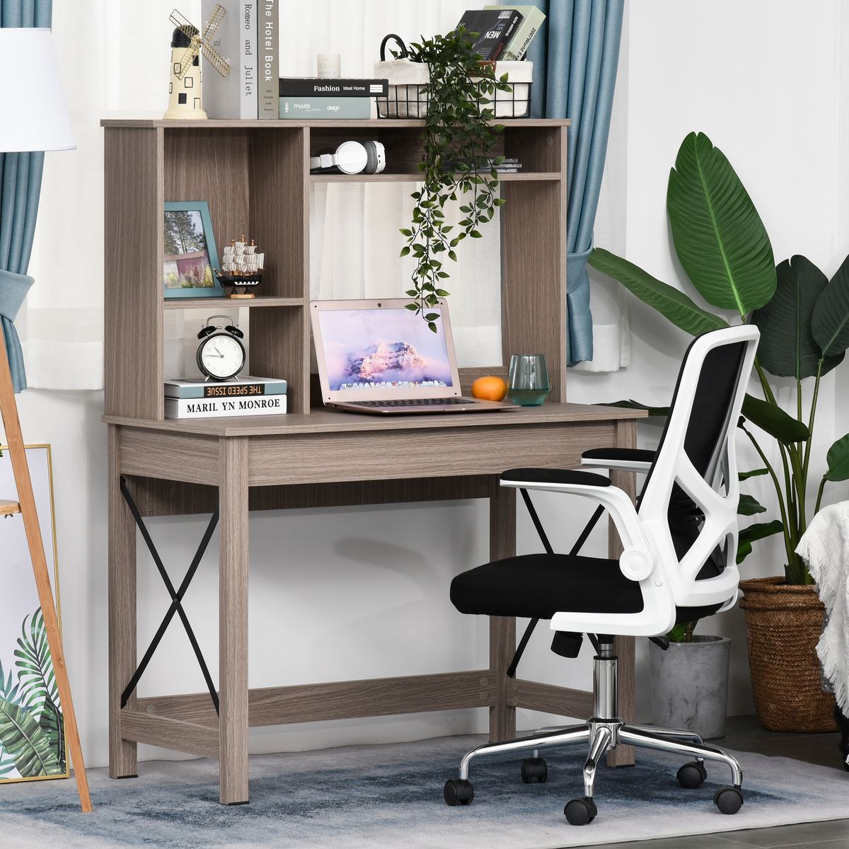 HOMCOM Bureau bibliothèque 2 en 1 - 3 niches 4 espaces de rangement - panneaux particules aspect bois marron clair métal noir