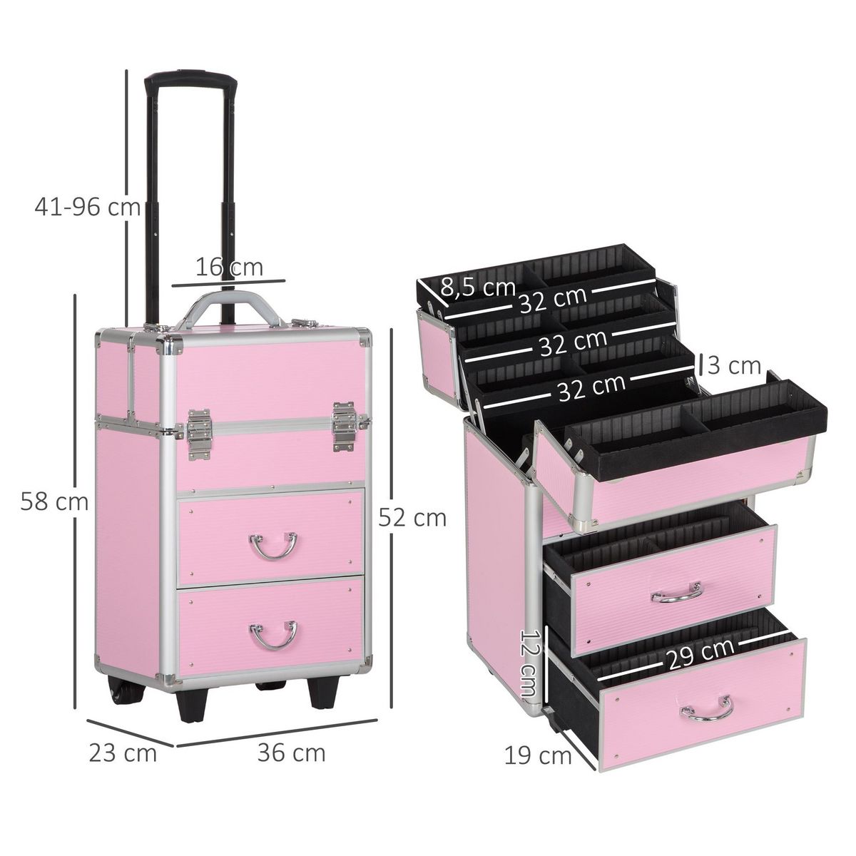 HOMCOM Valise trolley maquillage malette cosmétique vanity poignée télescopique réglable 36L x 23l x 58H cm alu