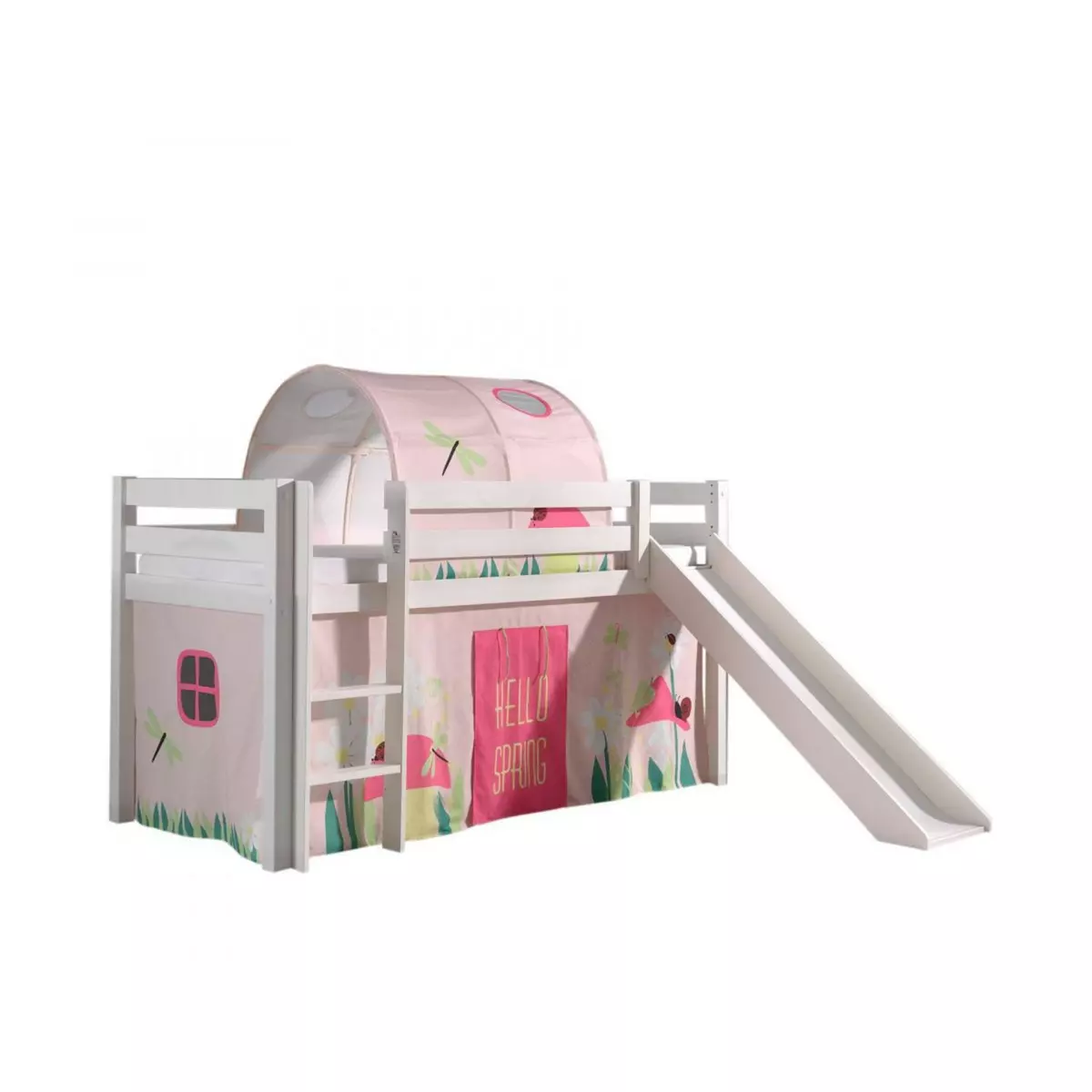 Vipack PINO Lit mezzanine avec toboggan + Spring tunnel et rideau de lit + 3 pochettes