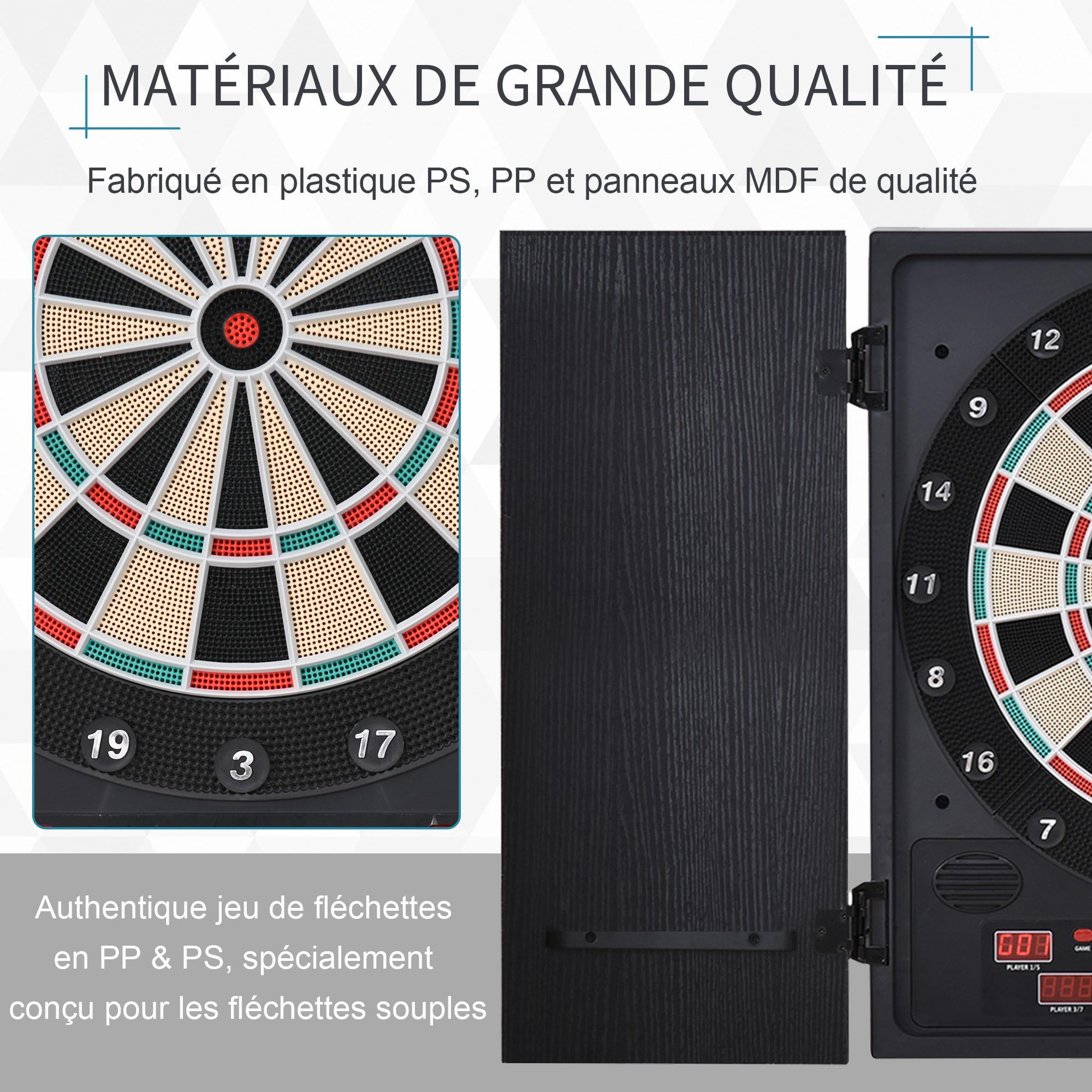 Voir la diapositive 6 : HOMCOM Cible jeu de fléchettes électronique refermable 27 jeux 202 variations jusqu'à 8 joueurs affichage LED haut-parleur noir