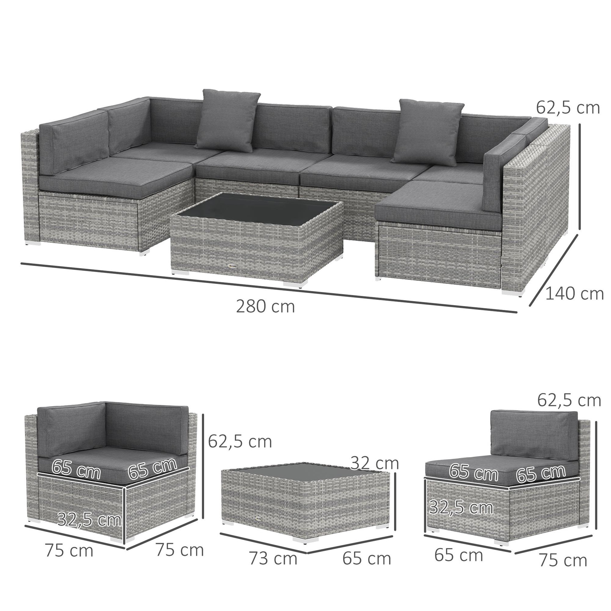 Voir la diapositive 3 : OUTSUNNY Ensemble salon de jardin 7 pièces modulables table basse plateau verre trempé coussins déhoussables inclus résine tressée imitation rotin gris