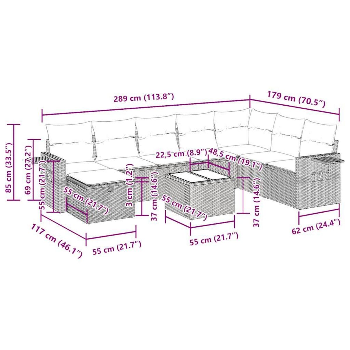 VIDAXL Salon de jardin avec coussins 9 pcs beige resine tressee