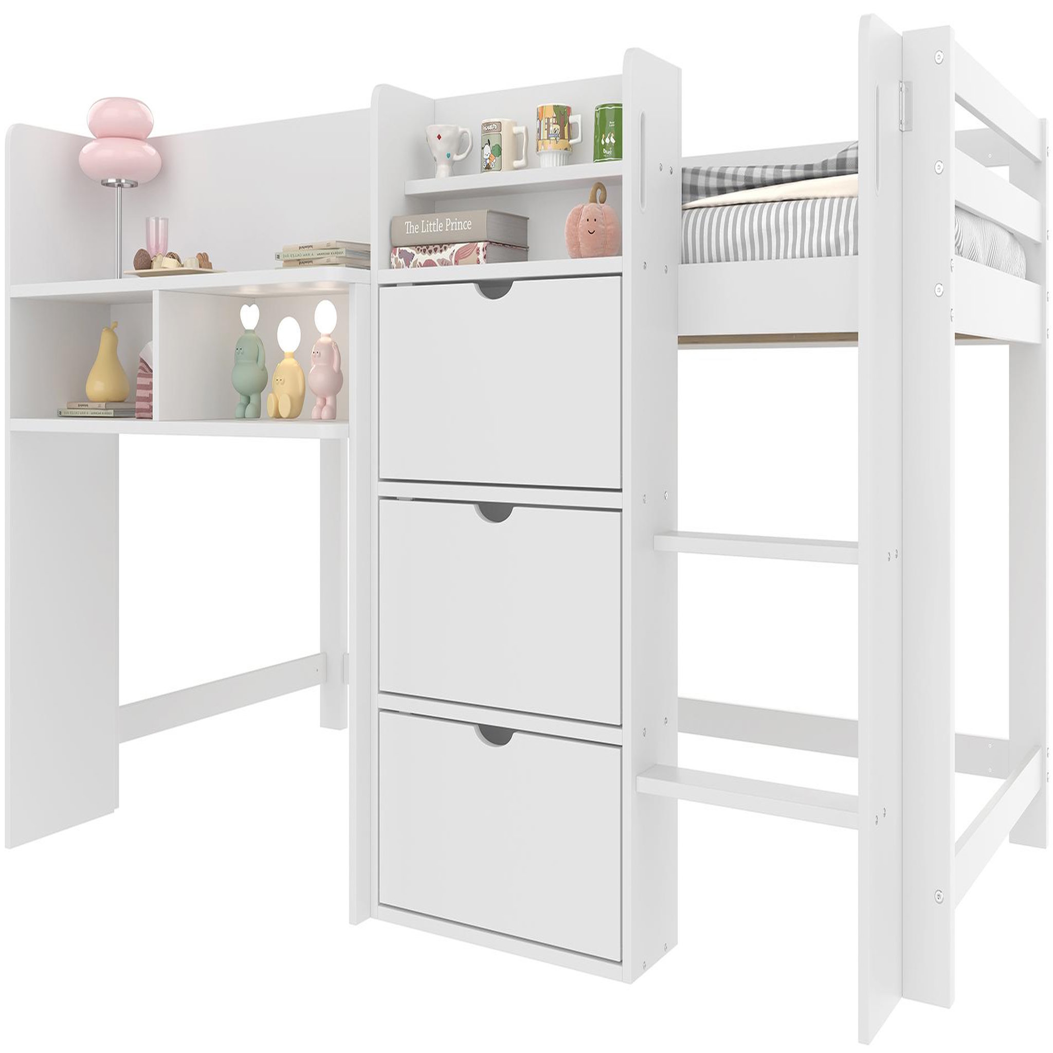 MERAX Lit enfant mi hauteur 90x200cm coloris blanc pin