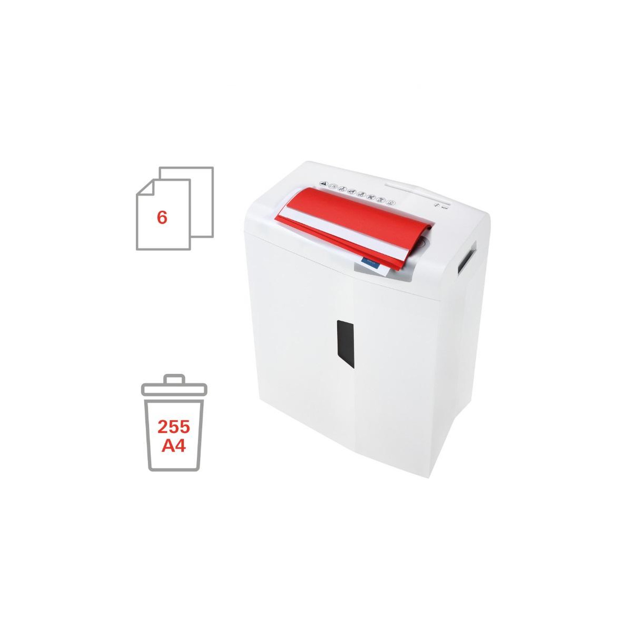 Voir la diapositive 3 : Hsm Destructeur de documents 6 feuilles coupe particules 2x15mm - 1046111