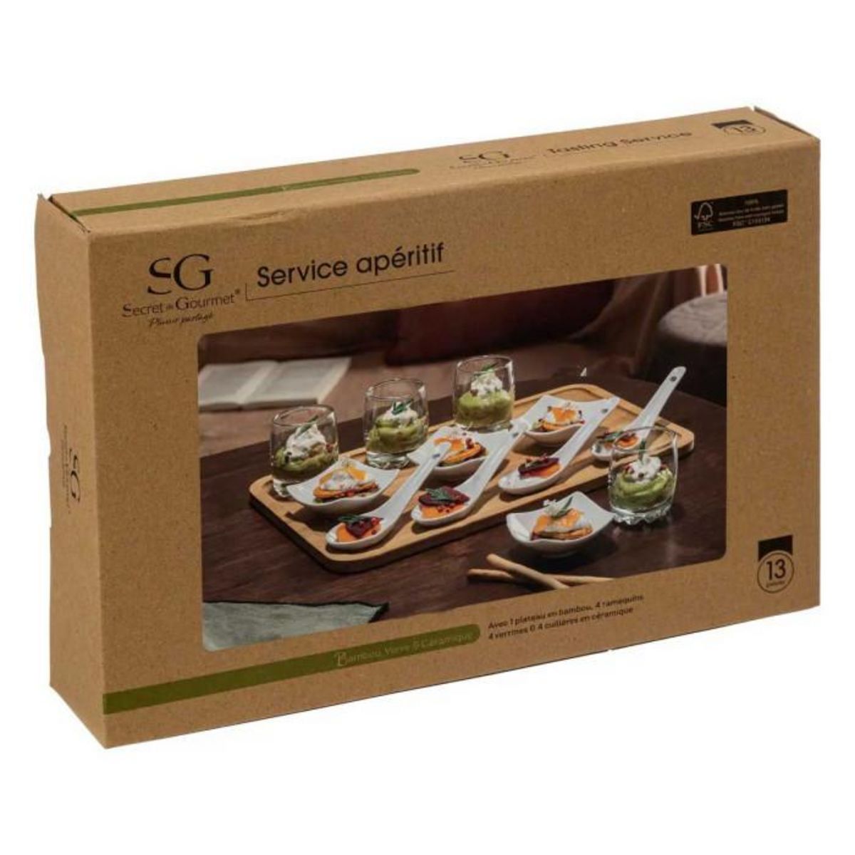 SECRET DE GOURMET Service Apéritif 13 Pièces  Bambou  32cm Naturel