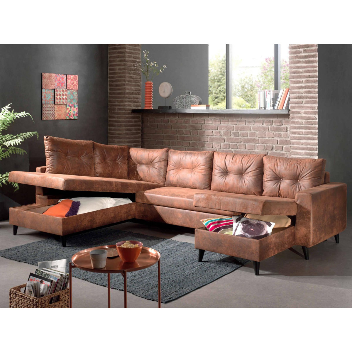 BEST MOBILIER Nordic - canapé panoramique en u - 7 places - convertible - industriel vintage - angle gauche