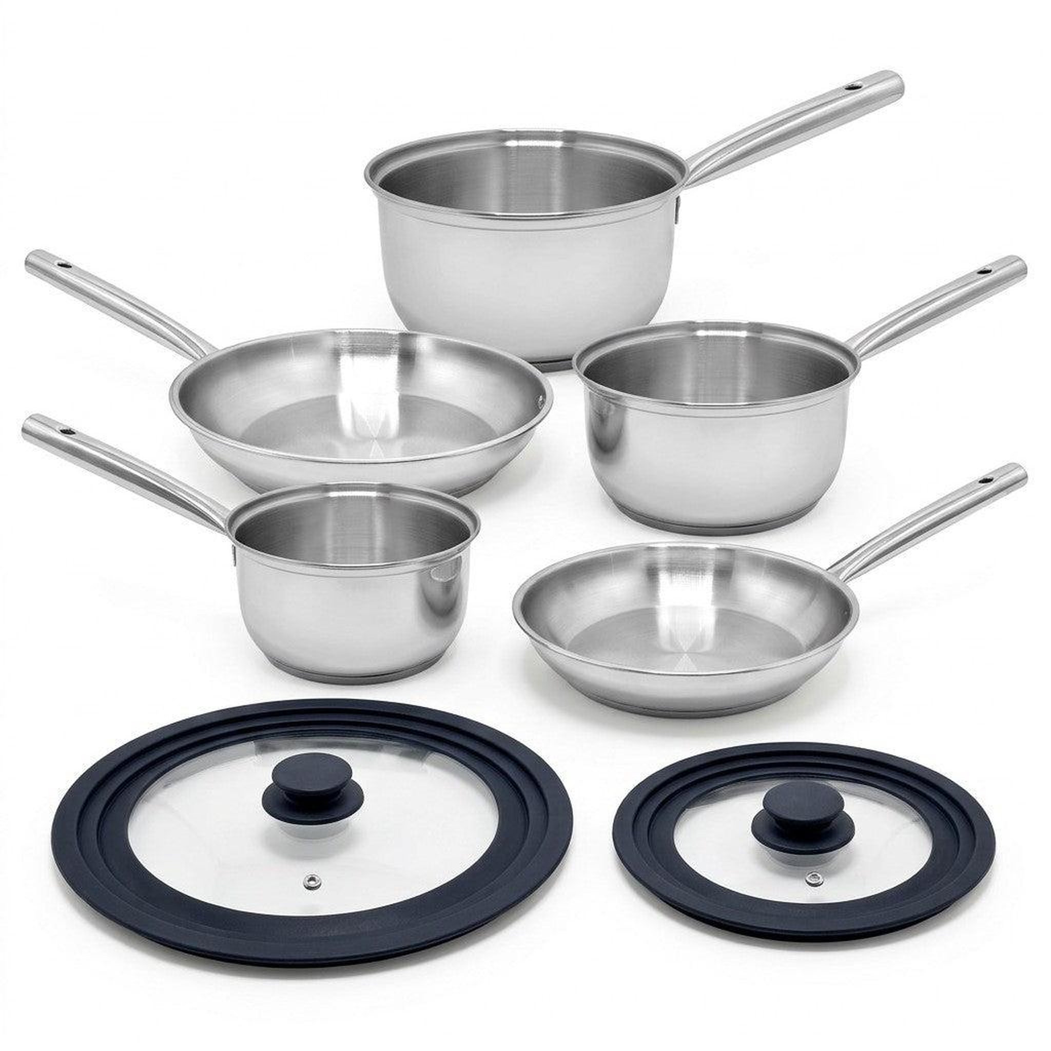 Fackelmann Lot de 3 casseroles 18/20/22 cm et 2 poêles 20/28 cm en inox avec couvercles fackelmann rhona