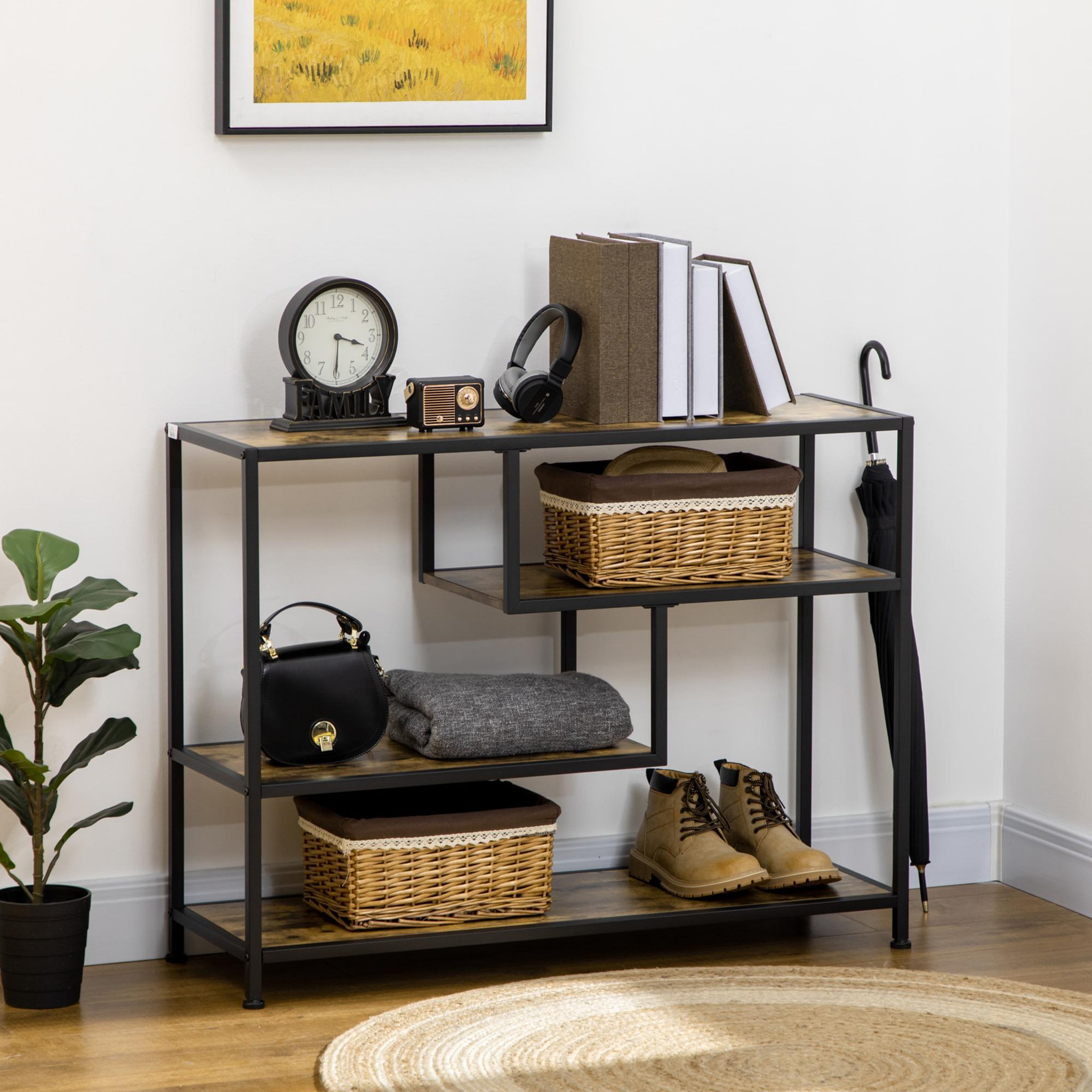 Voir la diapositive 2 : HOMCOM Console design industriel 4 étagères acier noir panneaux aspect bois vieilli