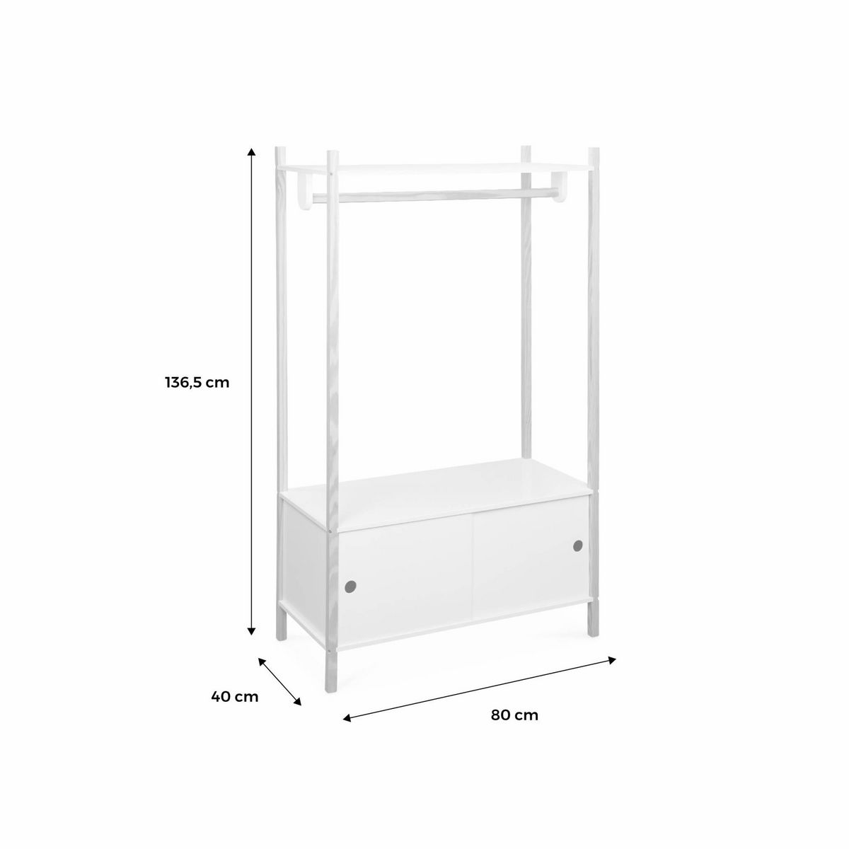 SWEEEK Penderie pour enfants - TOBIAS - deux portes coulissantes et portant bois massif en pin naturel blanc.  80X40X136.5CM