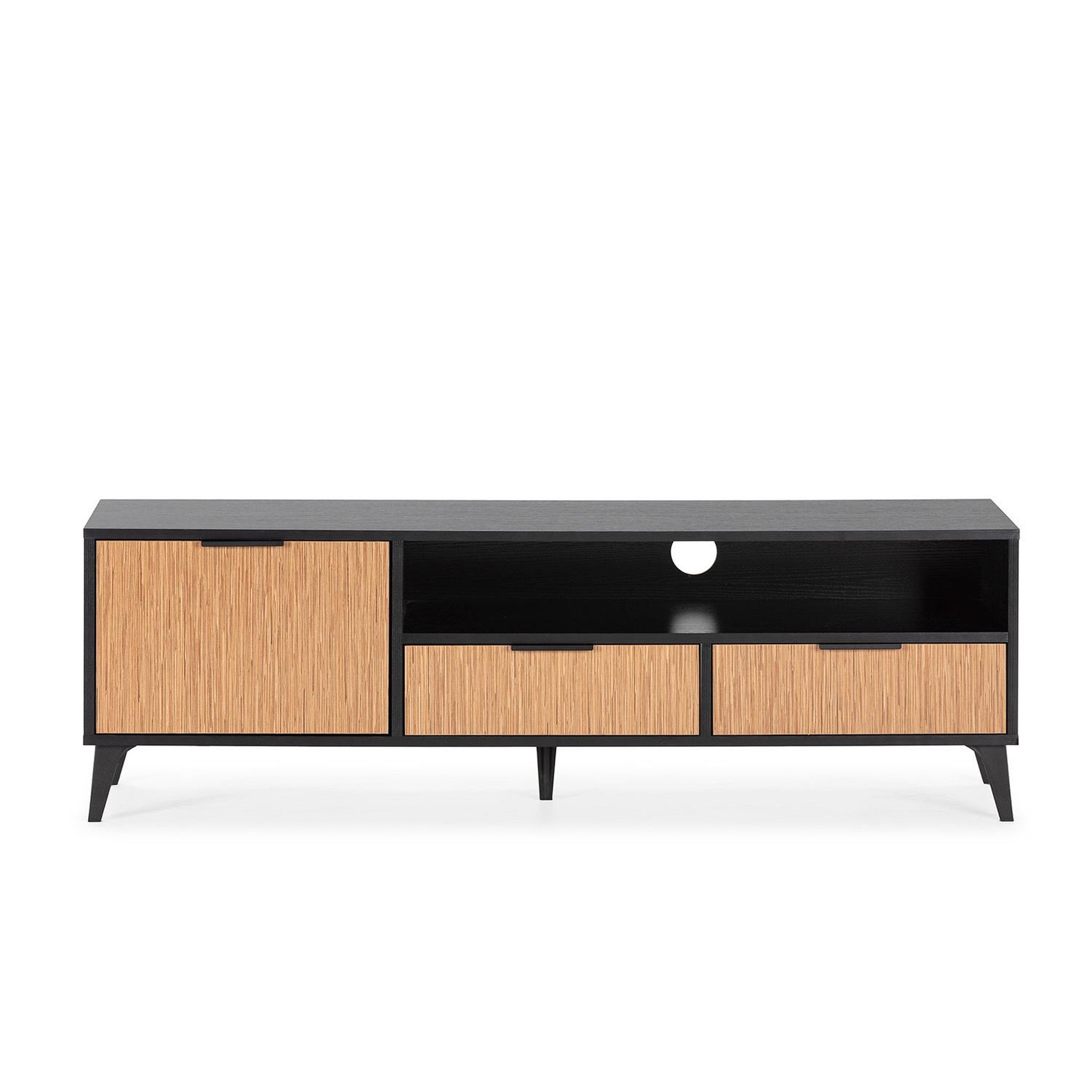 Voir la diapositive 4 : VS VENTA-STOCK Meuble TV Denis 1 porte et 2 tiroirs, couleur Noir/Bois