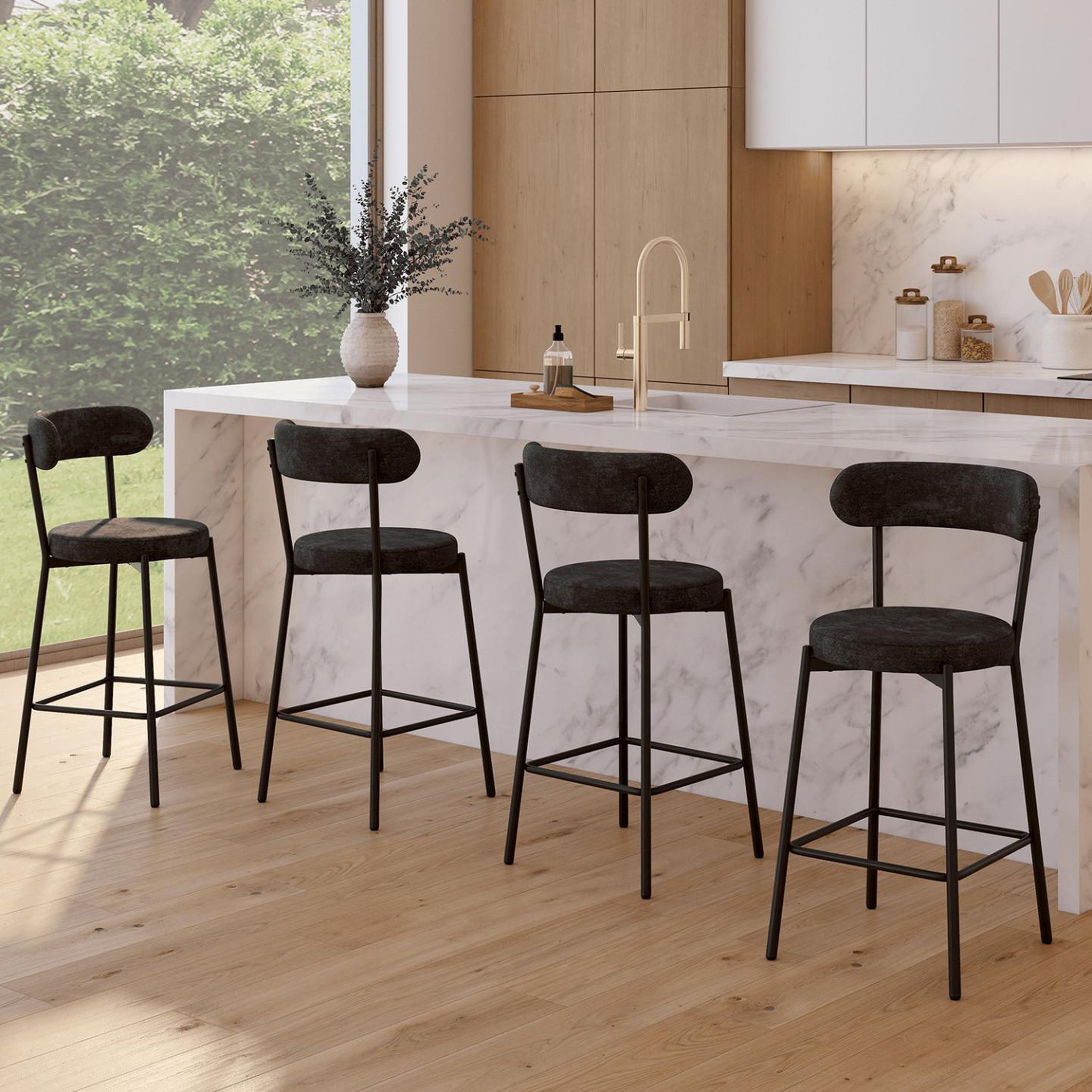 Voir la diapositive 2 : ID MARKET Lot de 4 tabourets de bar miki dossier incurvé en tissu chenille noir pieds en métal noir