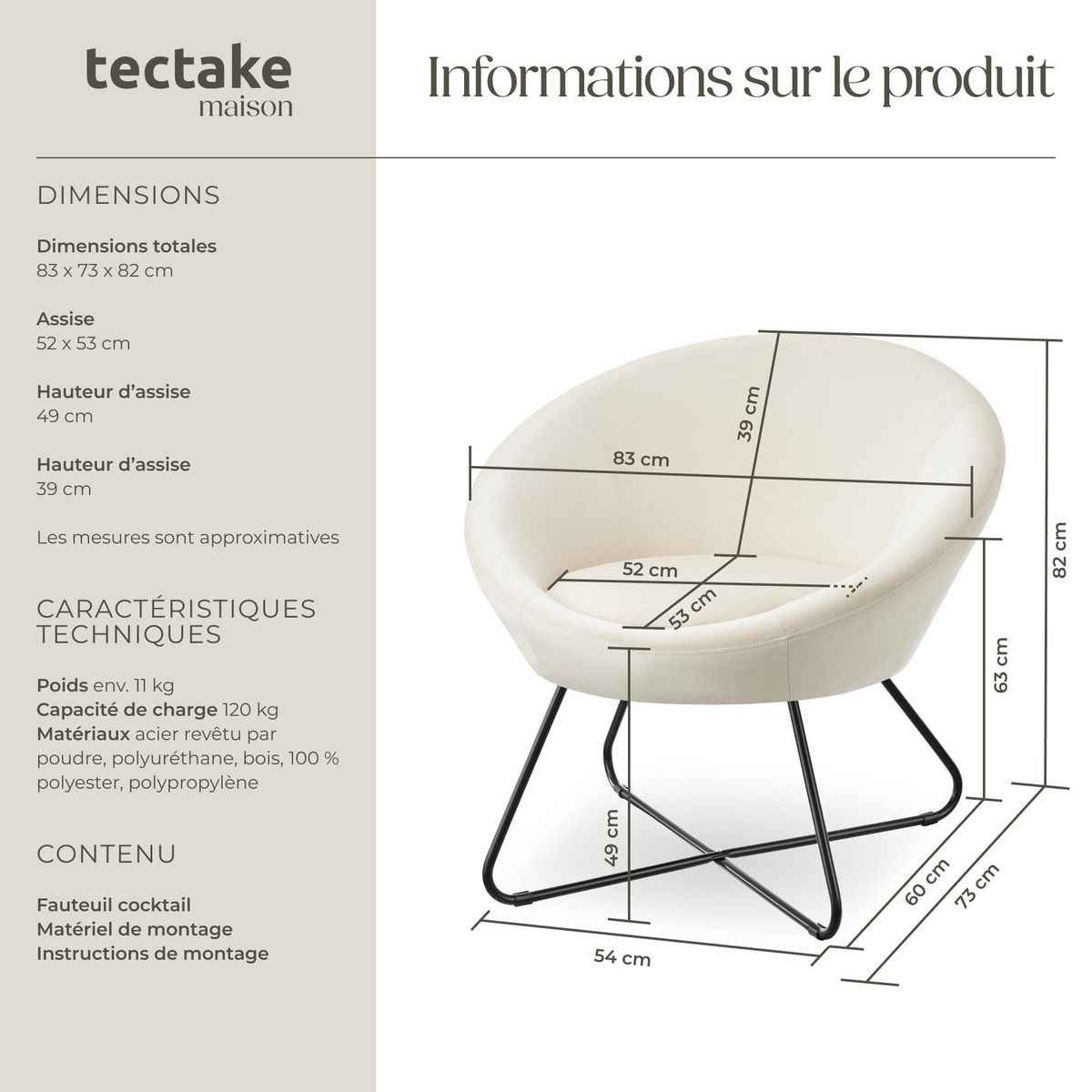 tectake Fauteuil cocktail rembourré avec revêtement en velours Aspect velours beige