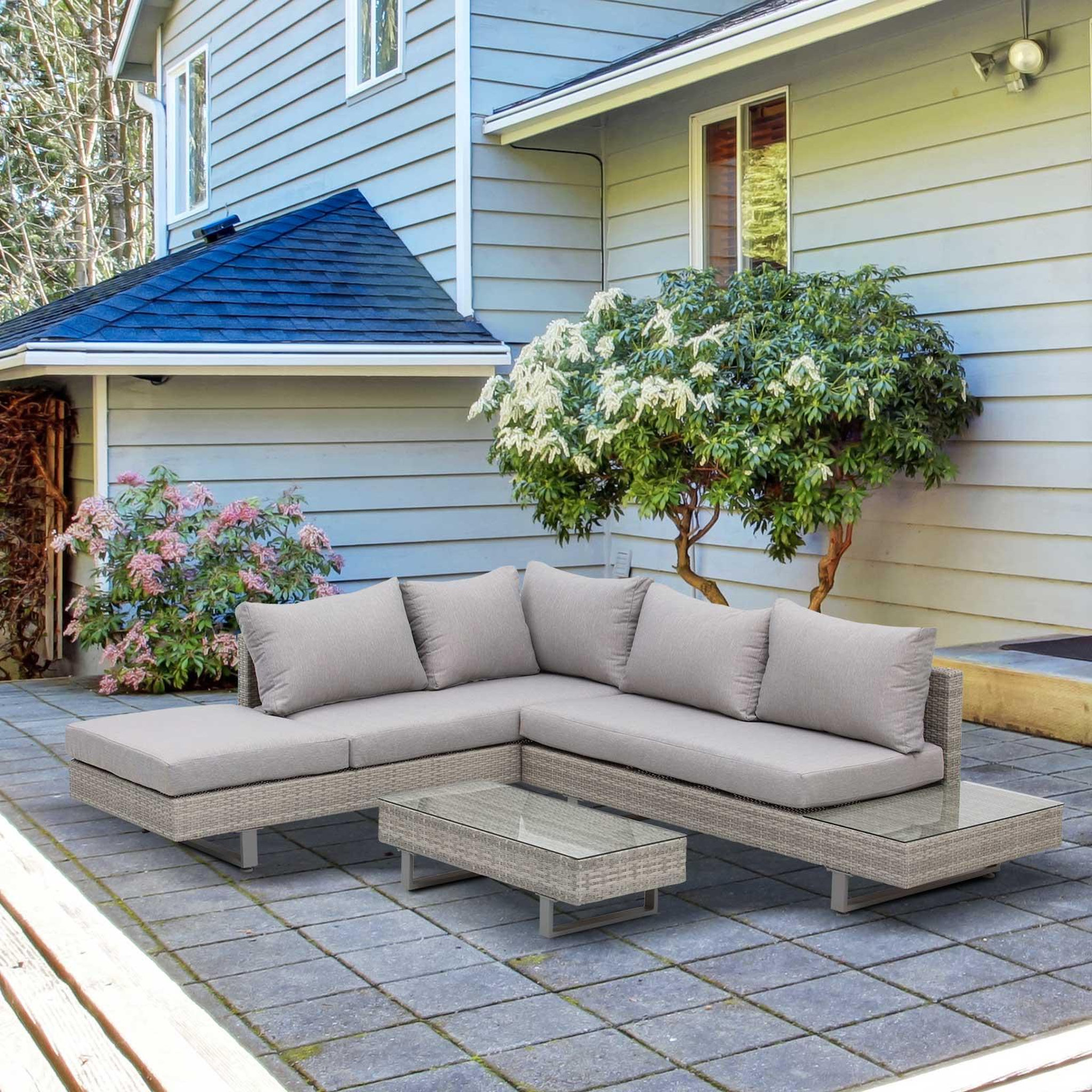 Voir la diapositive 4 : OUTSUNNY Ensemble salon de jardin d'angle 5 places design contemporain coussins déhoussables table basse acier époxy résine tressée grise