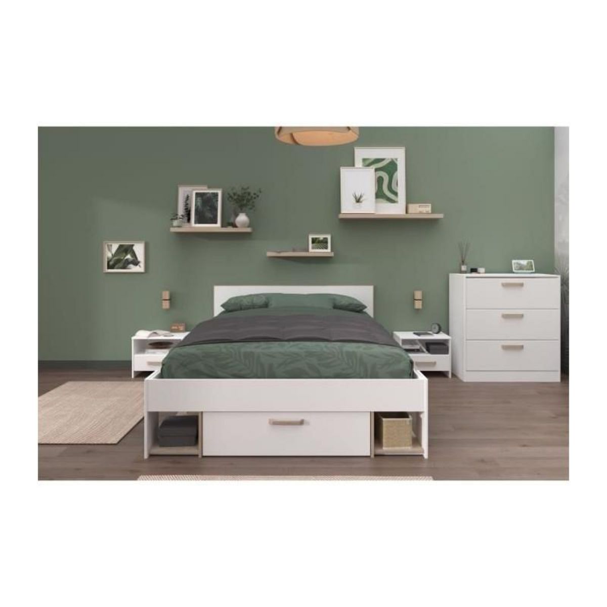 PARISOT Chambre complete adulte DREAM : Lit 140x190/200 cm + 2 chevets + Commode - Décor blanc et chene - PARISOT