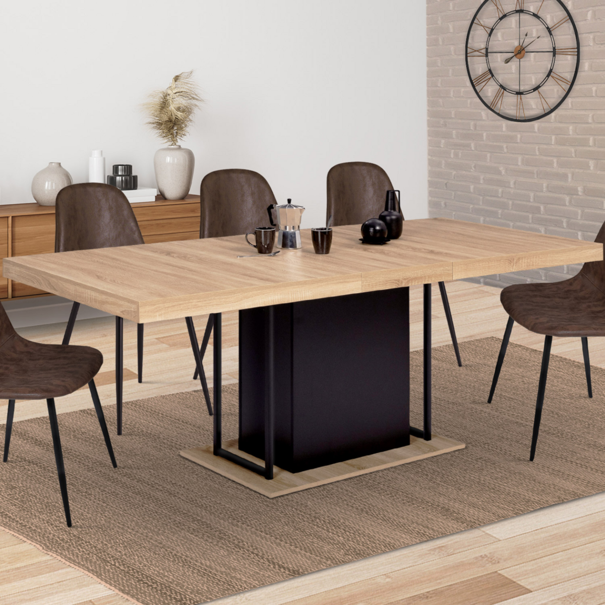 ID MARKET Table à manger extensible rectangle UGO 6-10 personnes bois façon hêtre et noir 160-200 cm