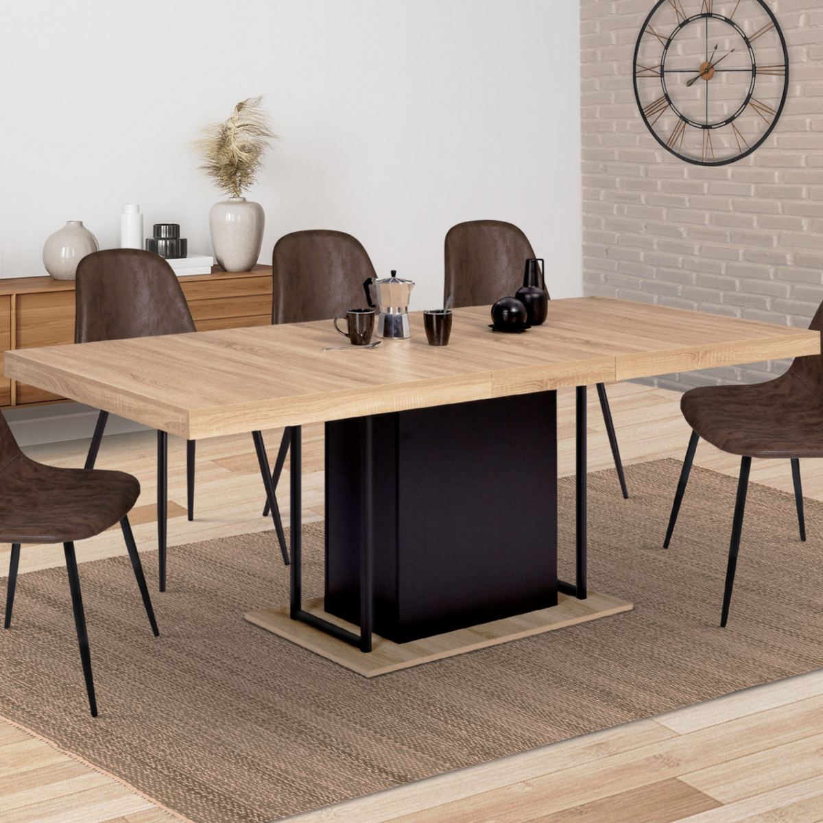 ID MARKET Table à manger extensible rectangle UGO 6-10 personnes bois façon hêtre et noir 160-200 cm