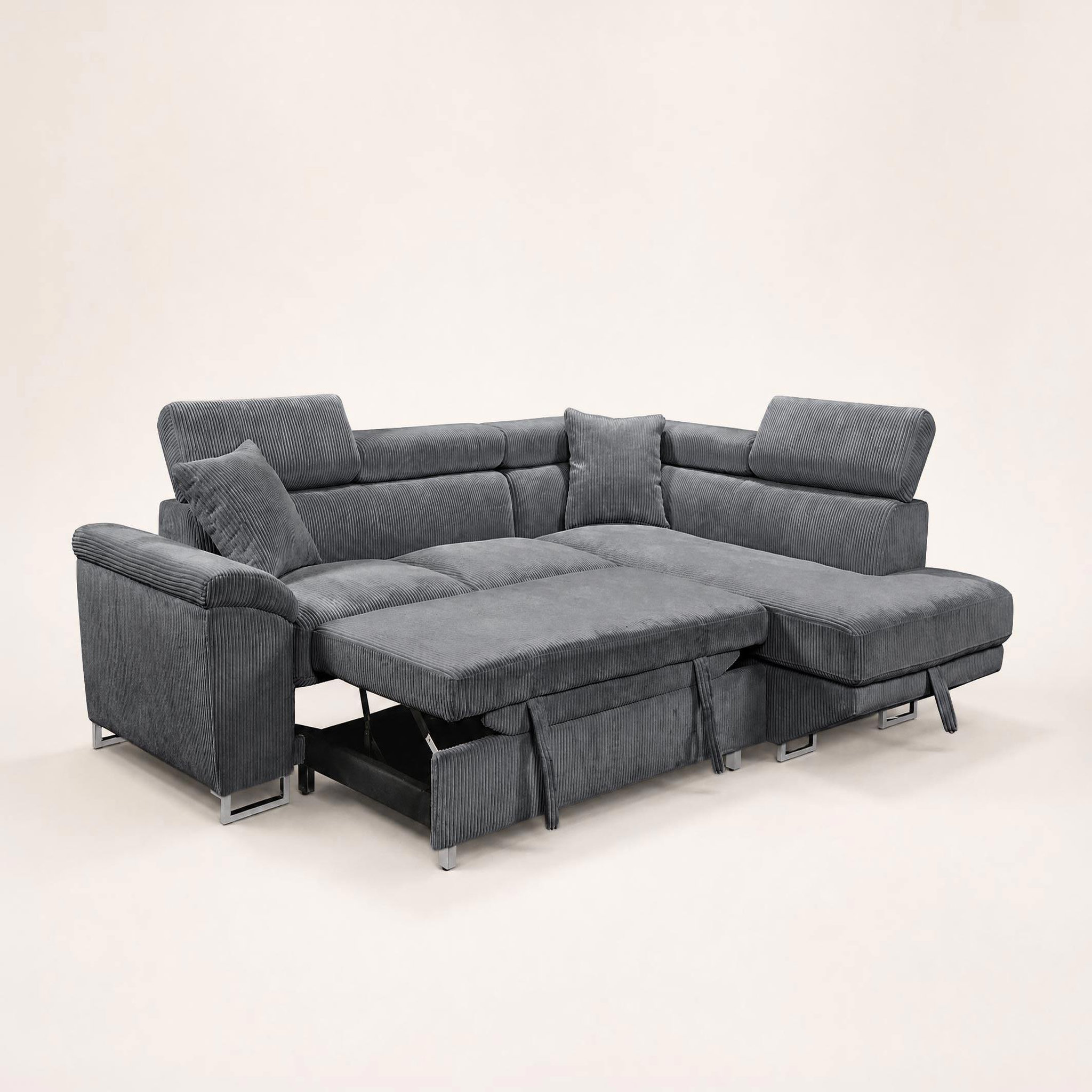 Voir la diapositive 6 : BEST MOBILIER Baoji - canapé d'angle droit 5 places convertible avec têtières et coffre en velours côtelé