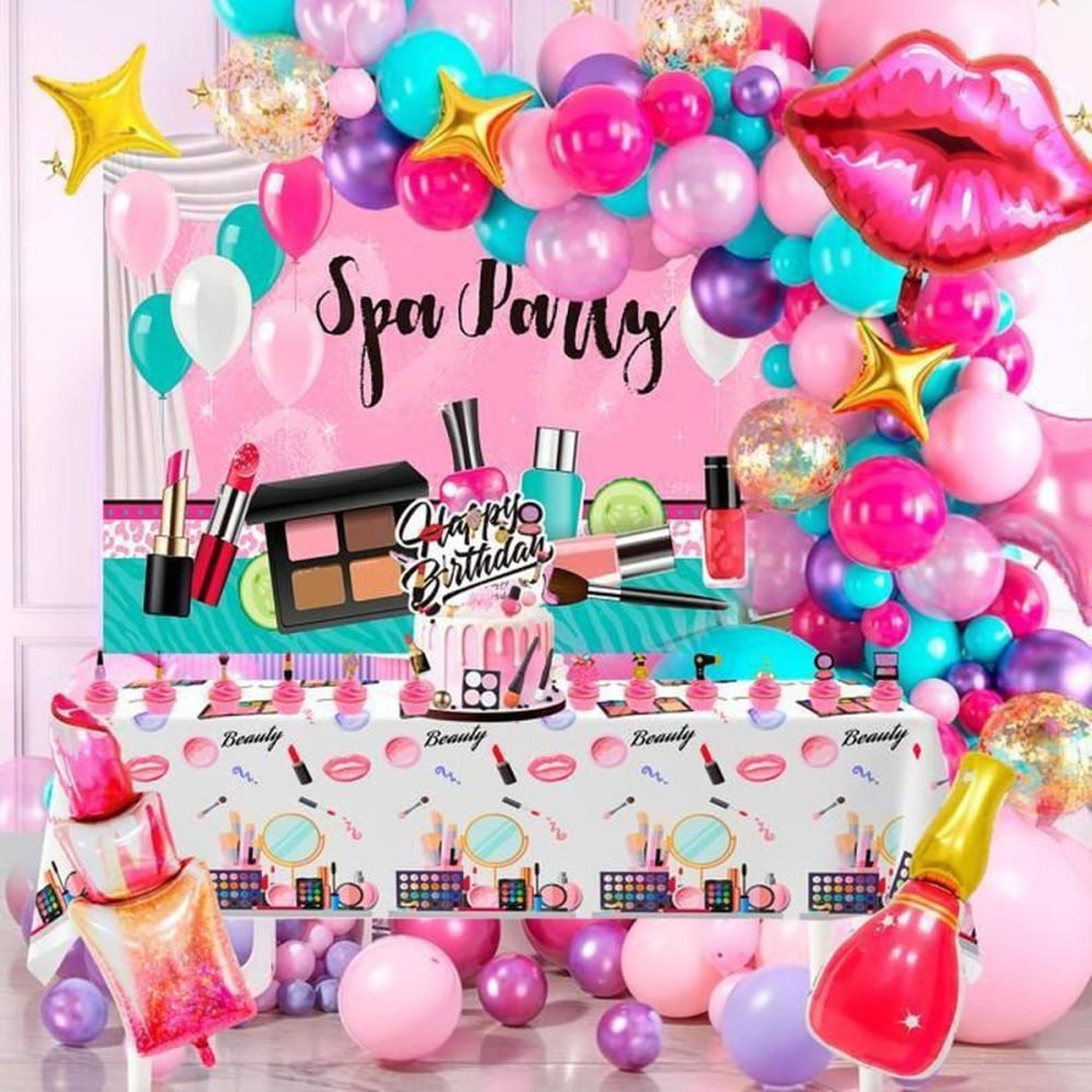 Set ballons déco thème Spa Party avec lettres et icônes maquillage multicolores rose, turquoise, violet, blanc, doré, rouge et magenta, réutilisables