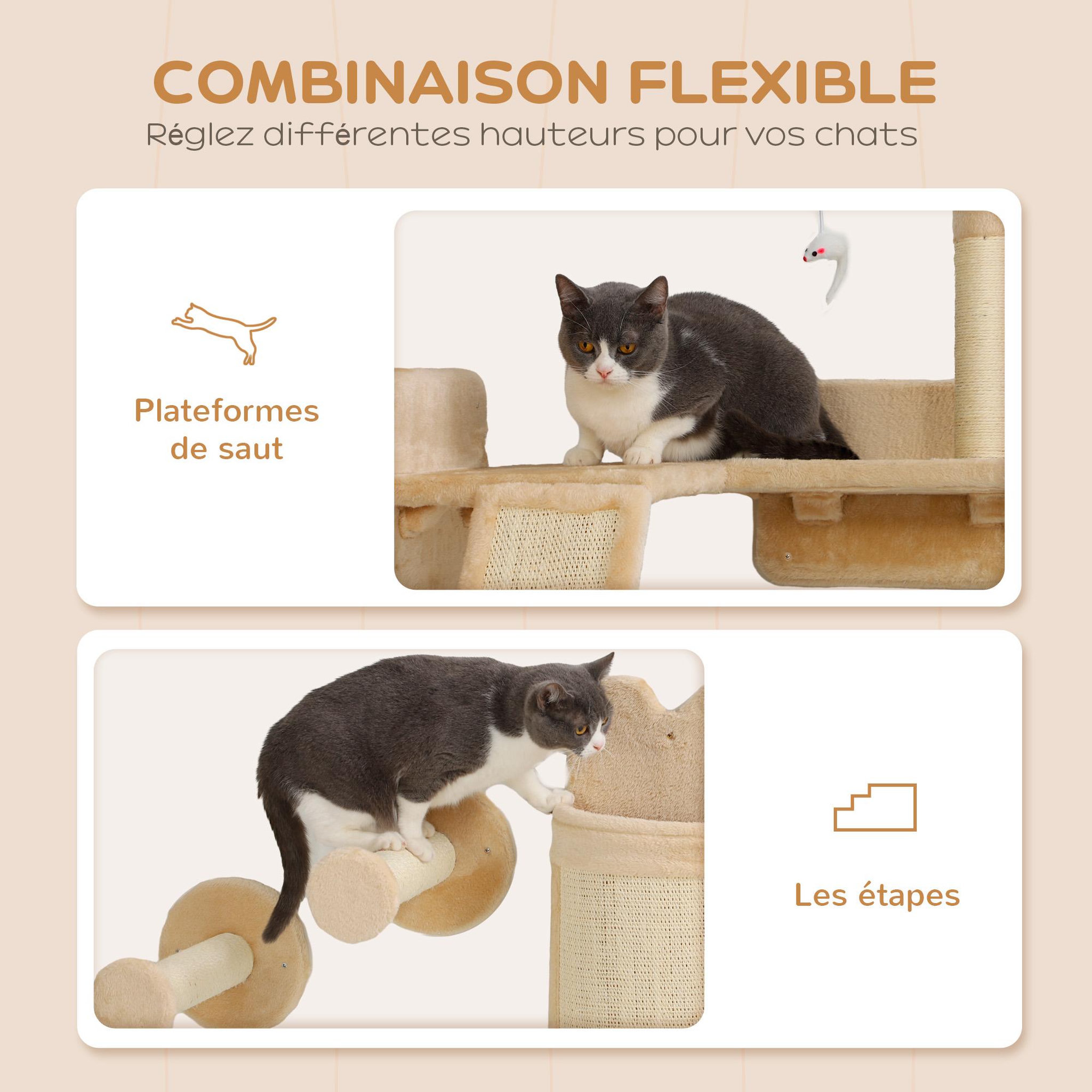 Voir la diapositive 5 : PAWHUT Mur d'escalade pour chat - arbre à chat design mural - griffoirs, grattoirs, jeux - sisal naturel peluche beige