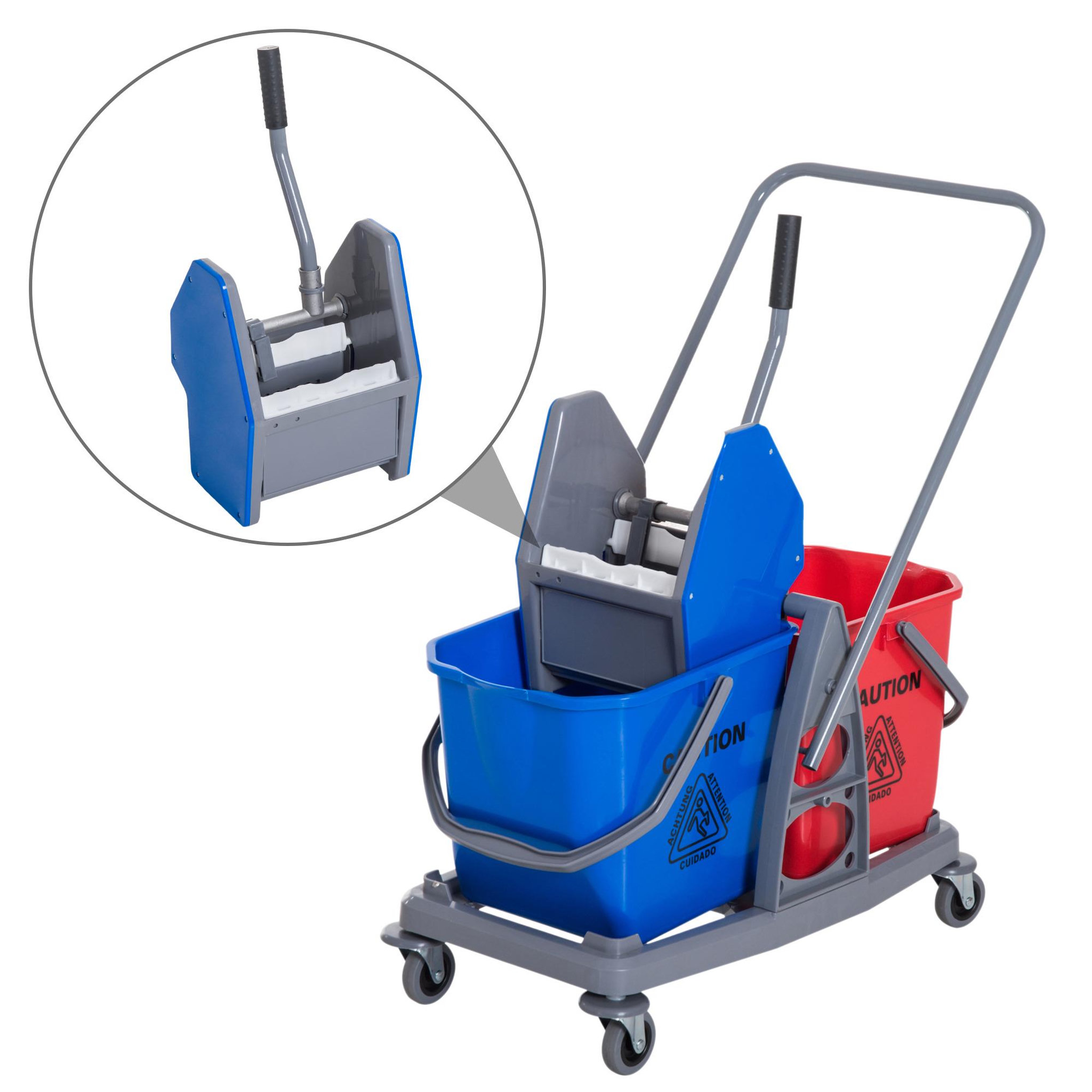 Voir la diapositive 4 : HOMCOM Chariot de lavage chariot de nettoyage professionnel presse à mâchoire 2 seaux 25 L 73L x 45l x 92H cm plastique gris bleu rouge