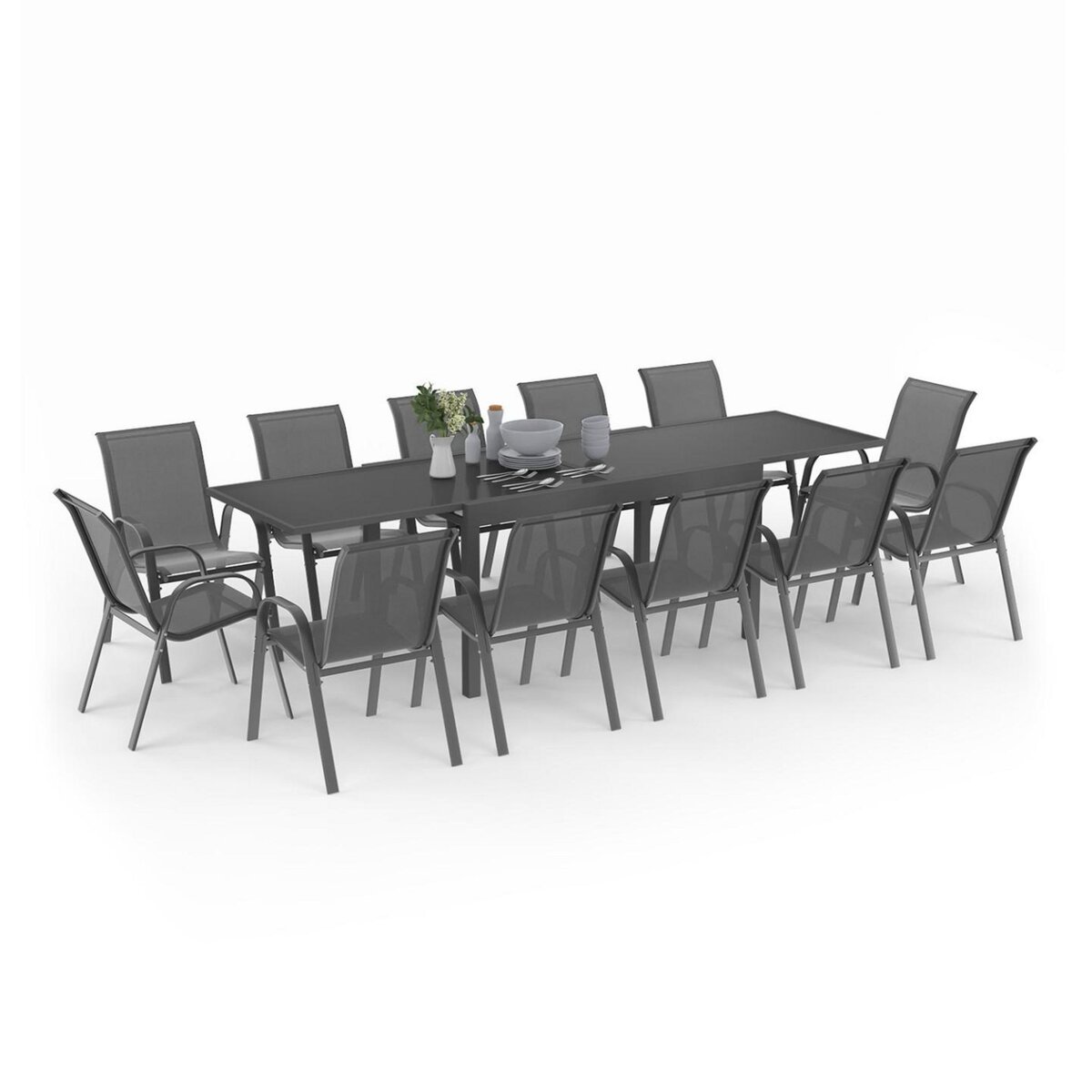 ID MARKET Salon de jardin MADRID table extensible plateau gris 135-270 CM et 12 chaises empilables gris anthracite