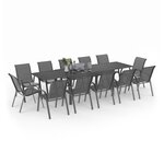 ID MARKET Salon de jardin MADRID table extensible plateau gris 135-270 CM et 12 chaises empilables gris anthracite