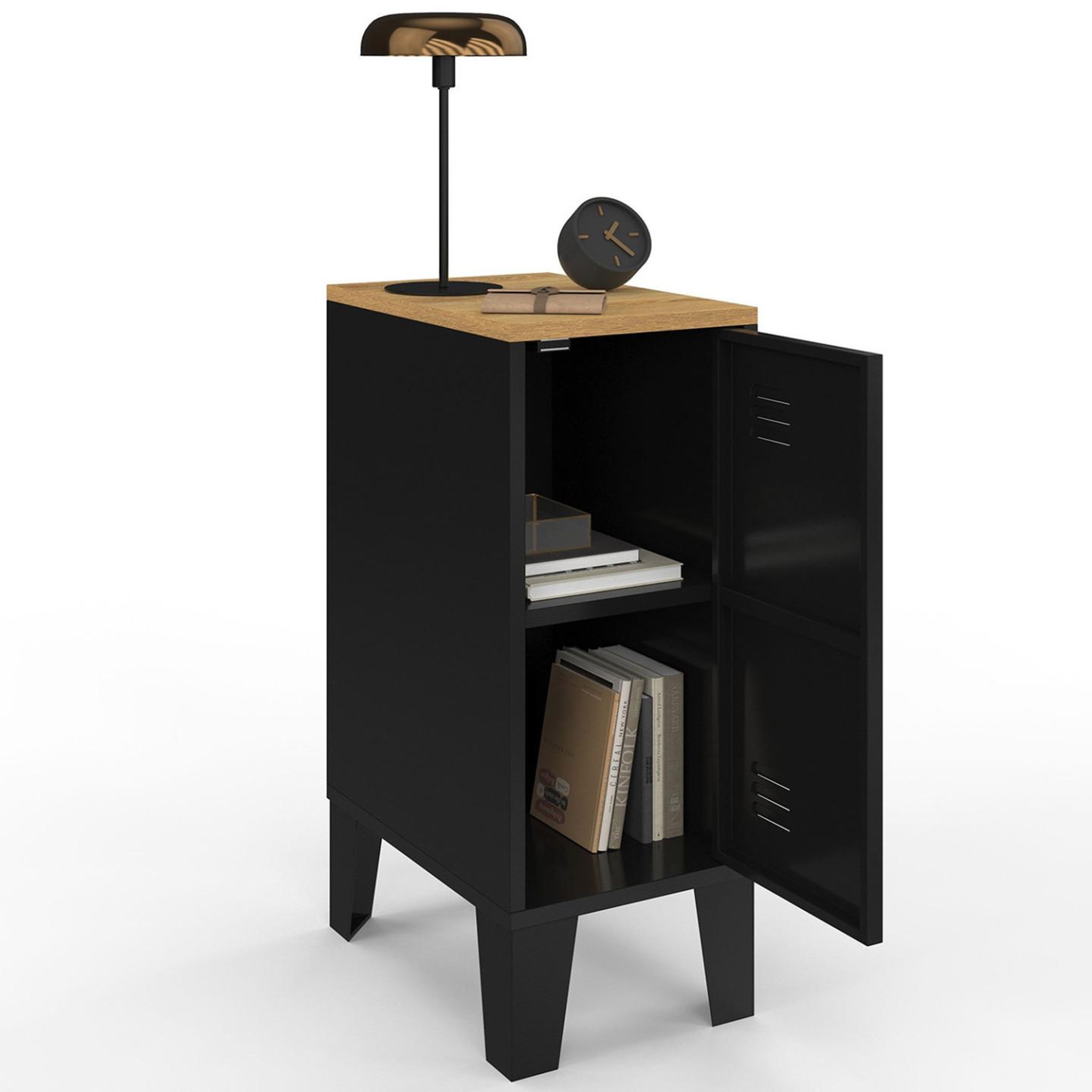 Voir la diapositive 6 : ID MARKET Lot de 2 tables de chevet étroites ester 1 porte métal noir plateau façon hêtre design industriel