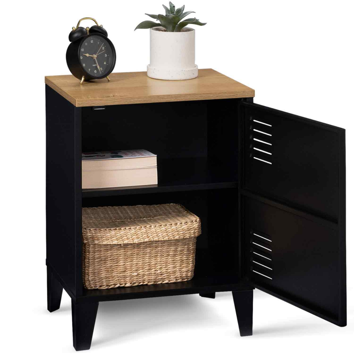 ID MARKET Table de chevet ESTER 1 porte métal noir plateau façon hêtre design industriel