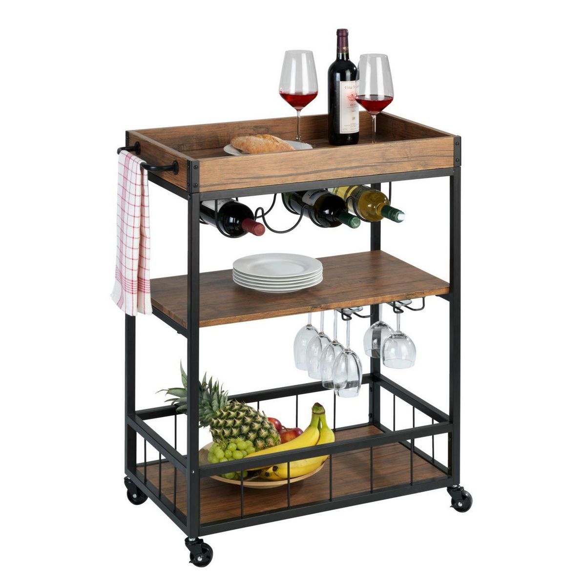 Wenko Desserte de cuisine à roulettes en métal et MDF - Noir et Marron