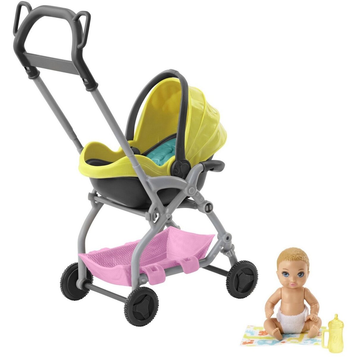 BARBIE Accessoires Babysitter poussette jaune + bébé - Barbie 