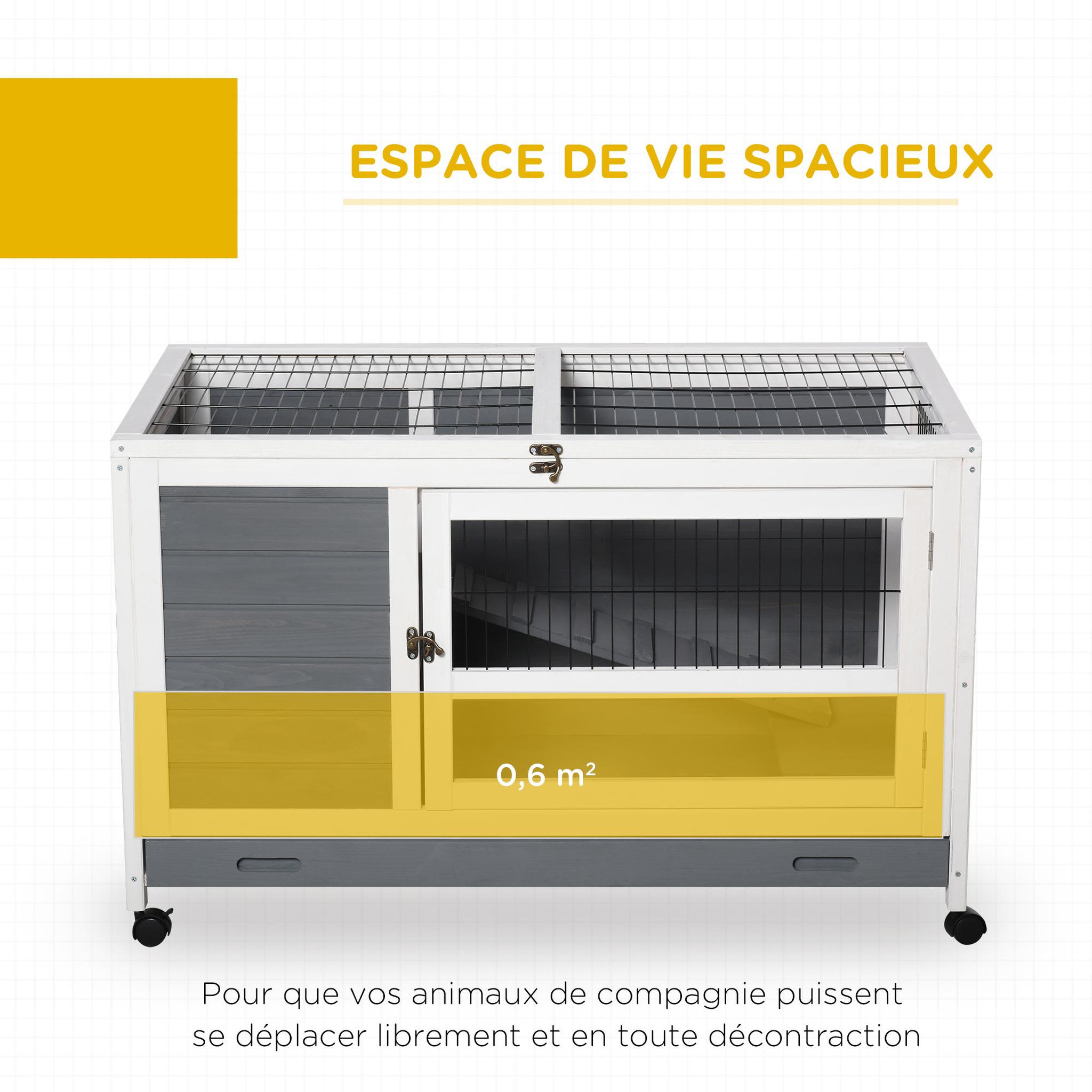 Voir la diapositive 4 : PAWHUT Clapier à lapin sur roulettes cage à lapin 2 niv. 2 portes verrouillables toit ouvrant plateau coulissant rampe bois gris blanc