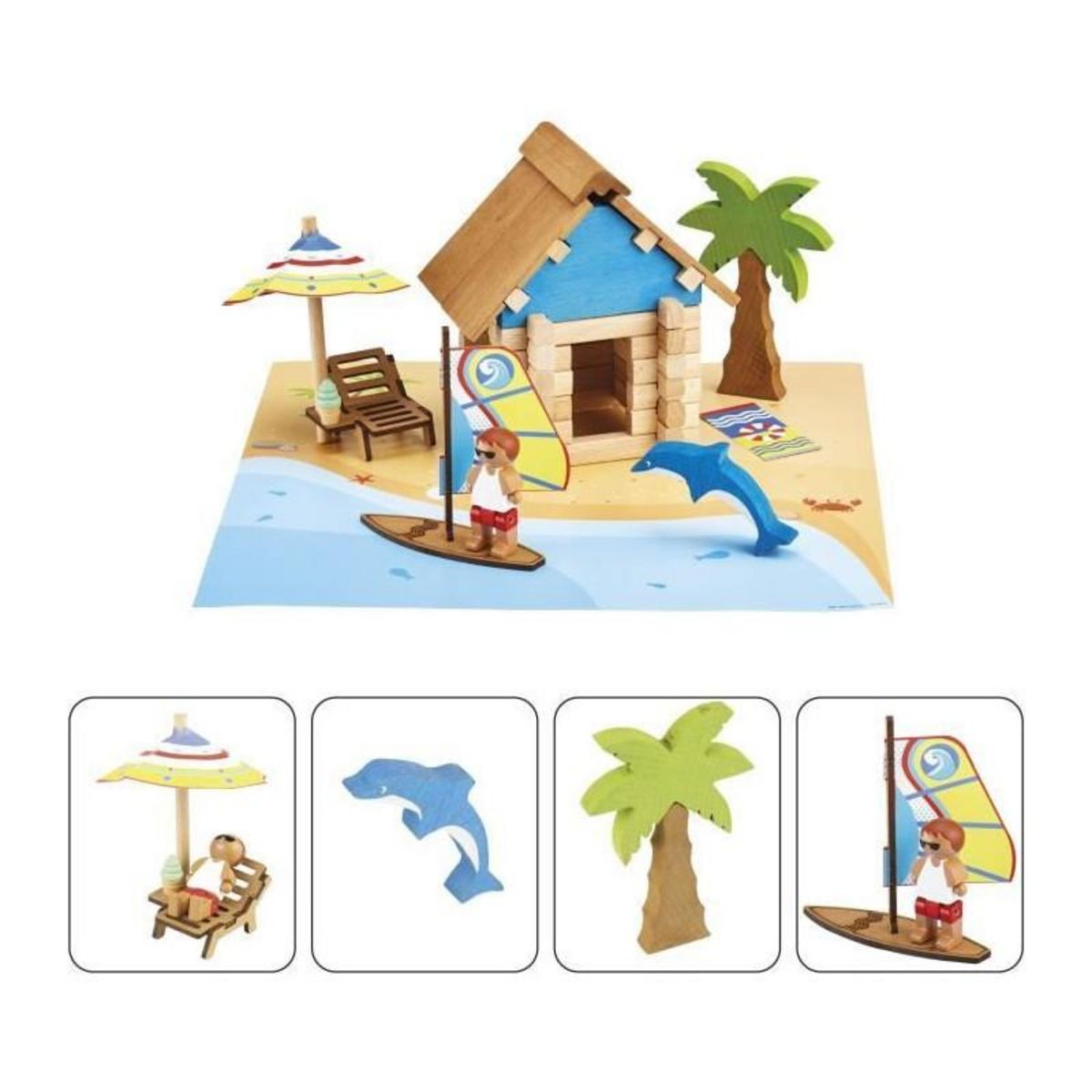 JeuJura La Cabane de Plage 55 Pieces - JEUJURA - Jeu de Construction en Bois Naturel, Tapis et Accessoires Inclus, 22x18,5x8,5 cm