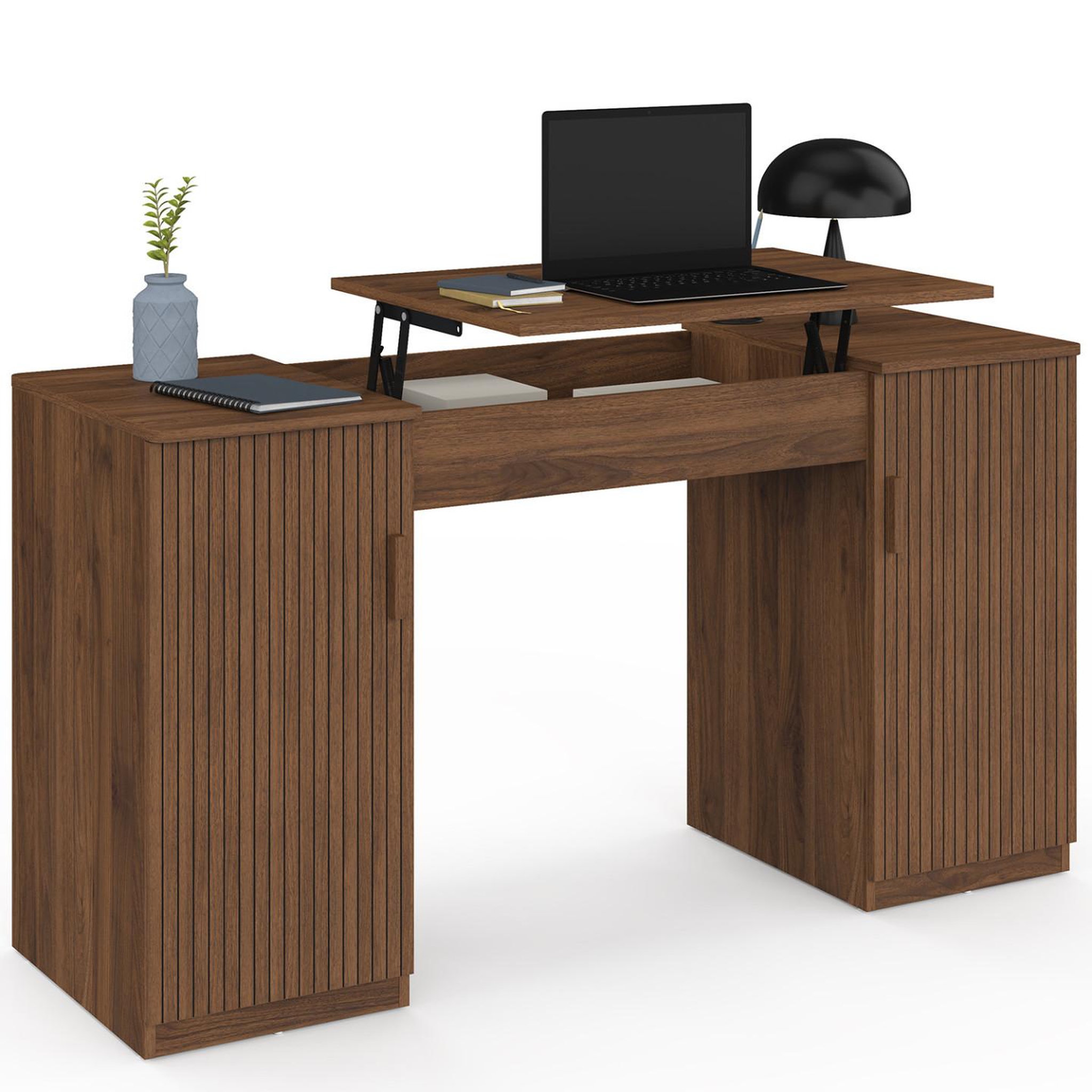 ID MARKET Bureau plateau relevable 140x50 cm JULIETTE 2 portes lattes tasseau bois effet noyer