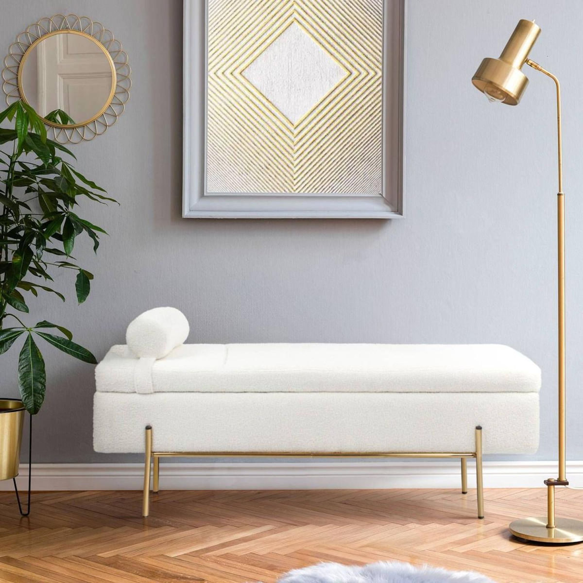 Paris Prix Banquette & Coffre Bouclette  Loyd  140cm Blanc