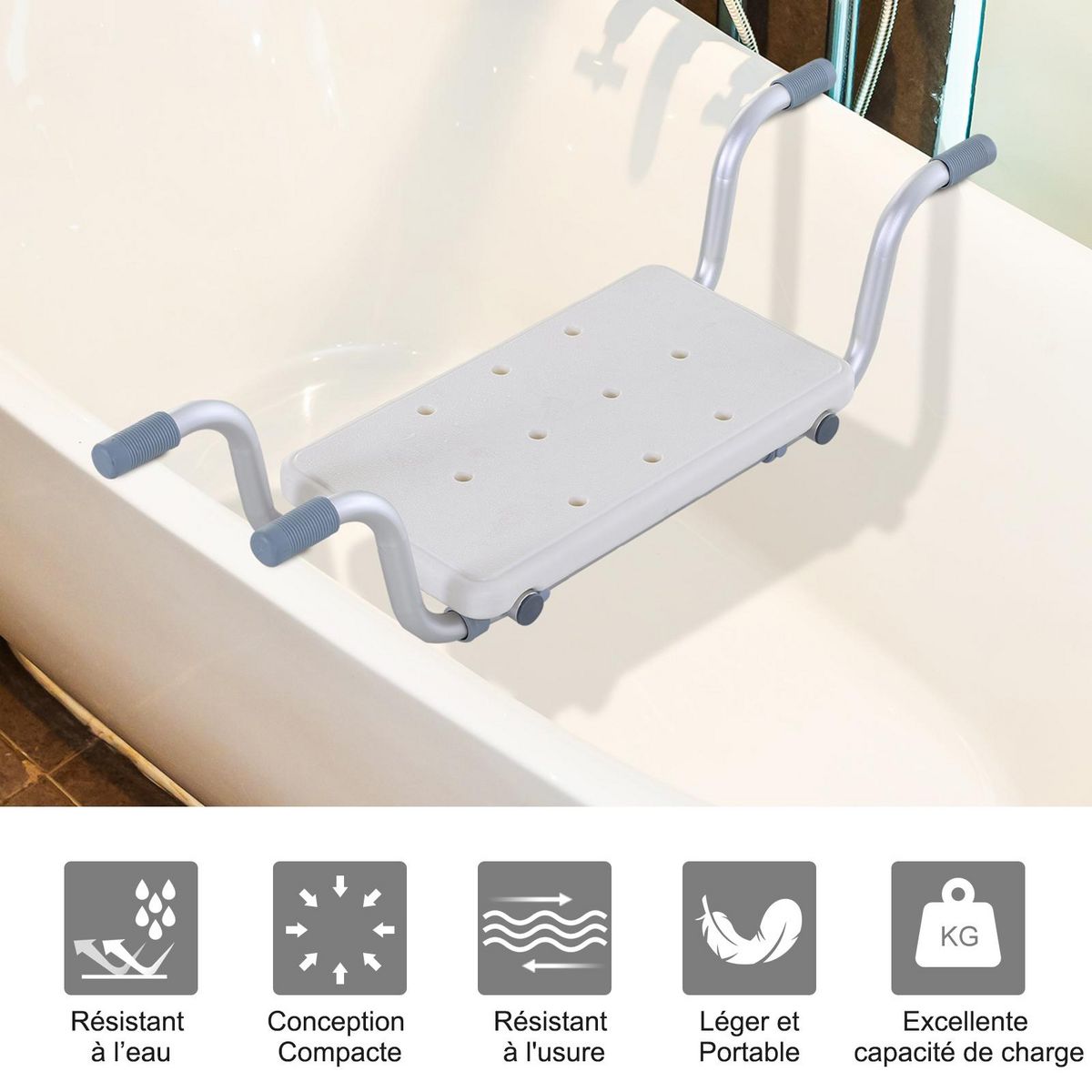 HOMCOM Siège de baignoire - siège de bain suspendu réglable - tabouret de salle de bain - dim. 71-81L x 22l x 18H cm - alu. HDPE blanc