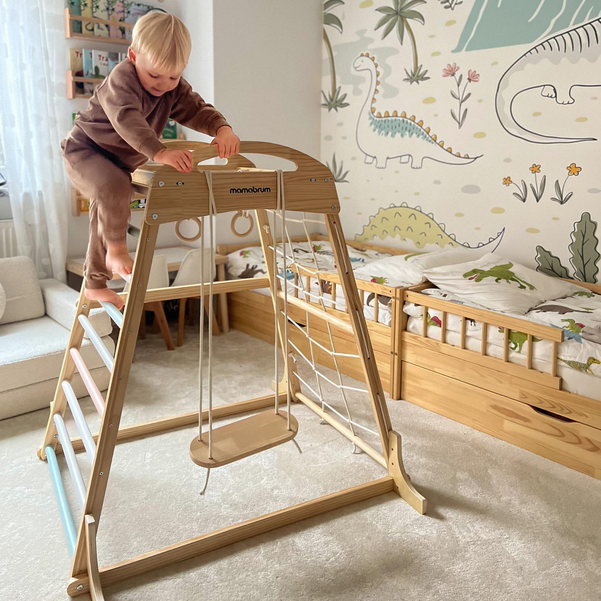 Voir la diapositive 2 : MAMABRUM Aire de Jeux Intérieure en Bois avec Balançoire, Anneaux et Filet d'Escalade, dès 3 Ans