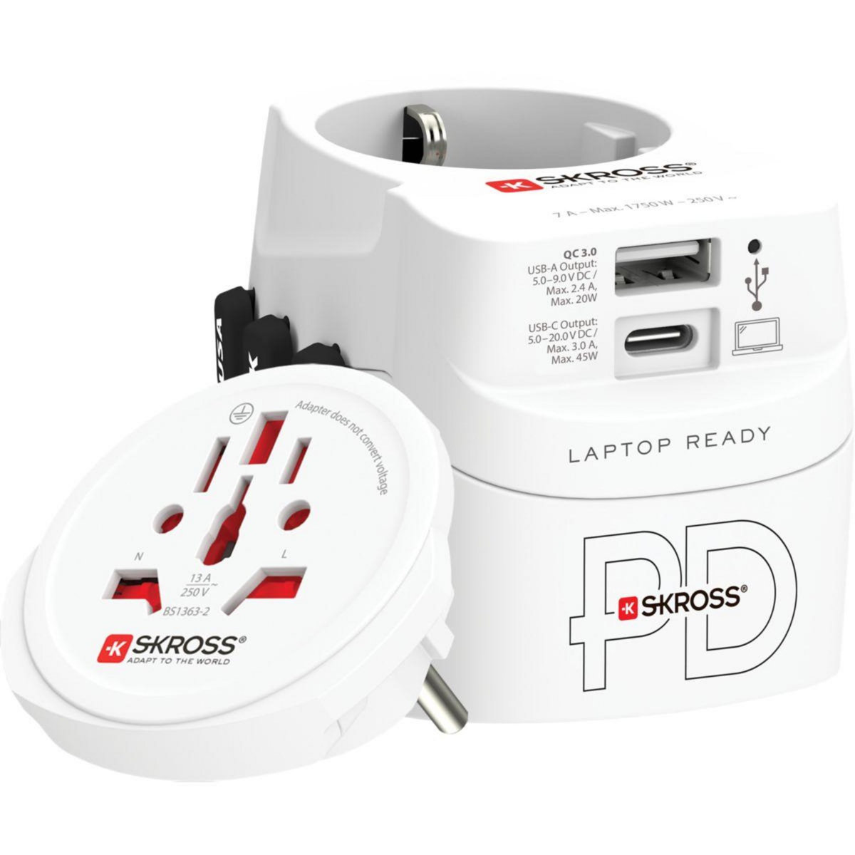 Skross Adaptateur de voyage Monde vers monde + 1 USB A + 1 USB C