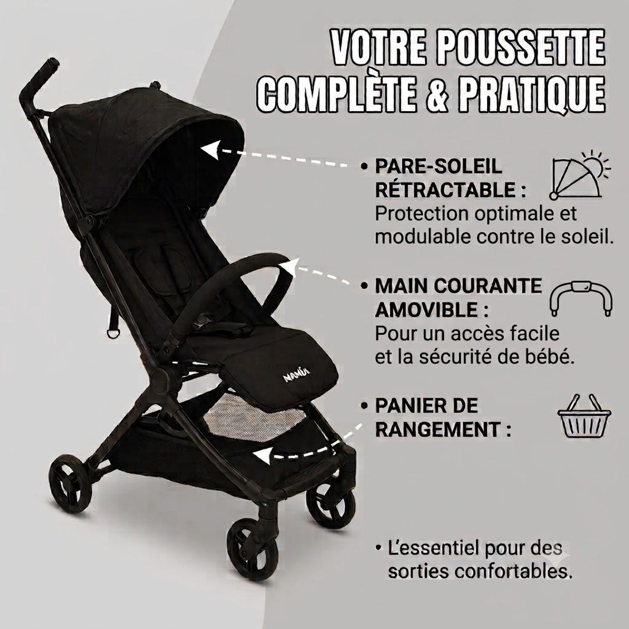 Voir la diapositive 2 : NANIA Nania, poussette ultra-compacte, babyjet (0 à 15 kg) homologuée cabine avion, dossier inclinable, sac de transport inclus