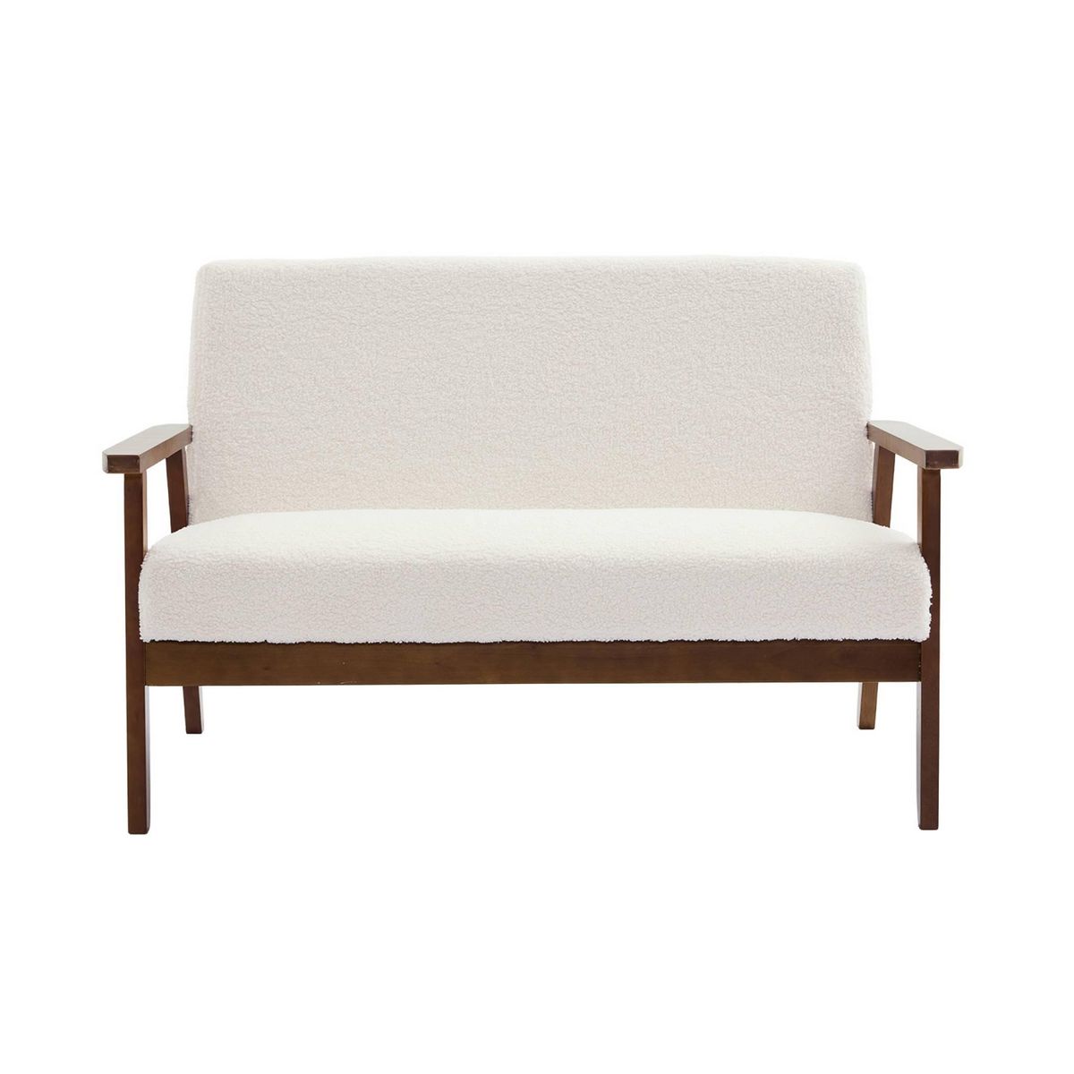 SWEEEK Banquette canapé 2 places en bois teinté noyer clair et tissu bouclette. Isak. L 114 x P 69.5 x H 73cm