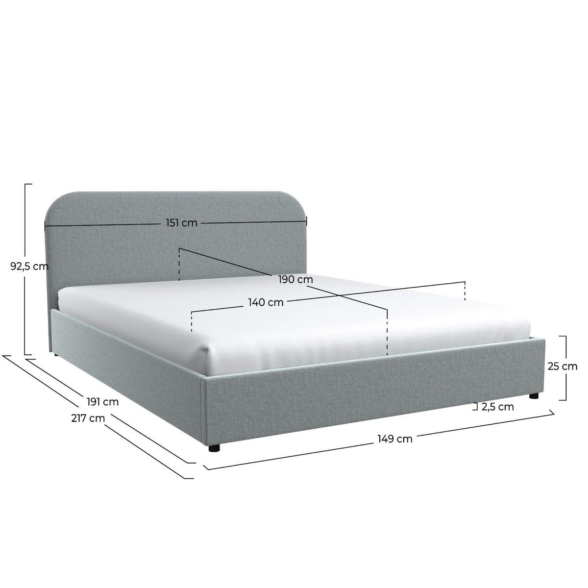 Rendez vous déco Lit double 140x190 cm avec coffre en tissu gris-Tilly