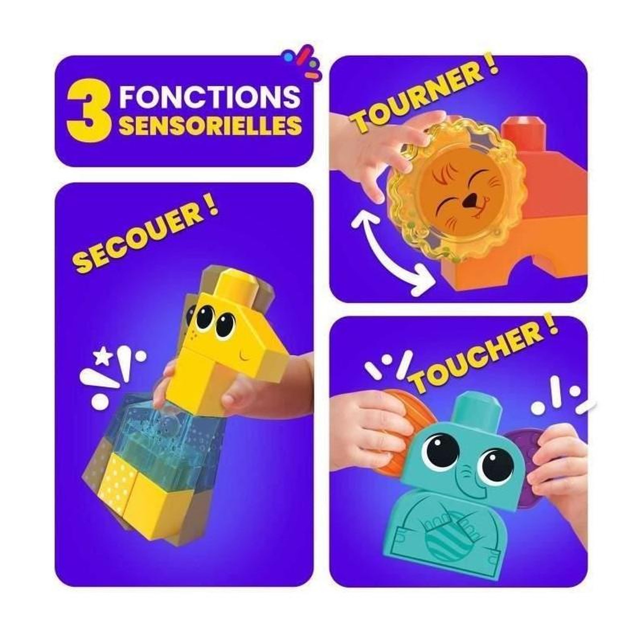 Voir la diapositive 5 : MEGA BLOKS Jeu de construction SAFARI DES SENS MEGABLOKS - Girafe clochette, lion billes et éléphant oreille souple