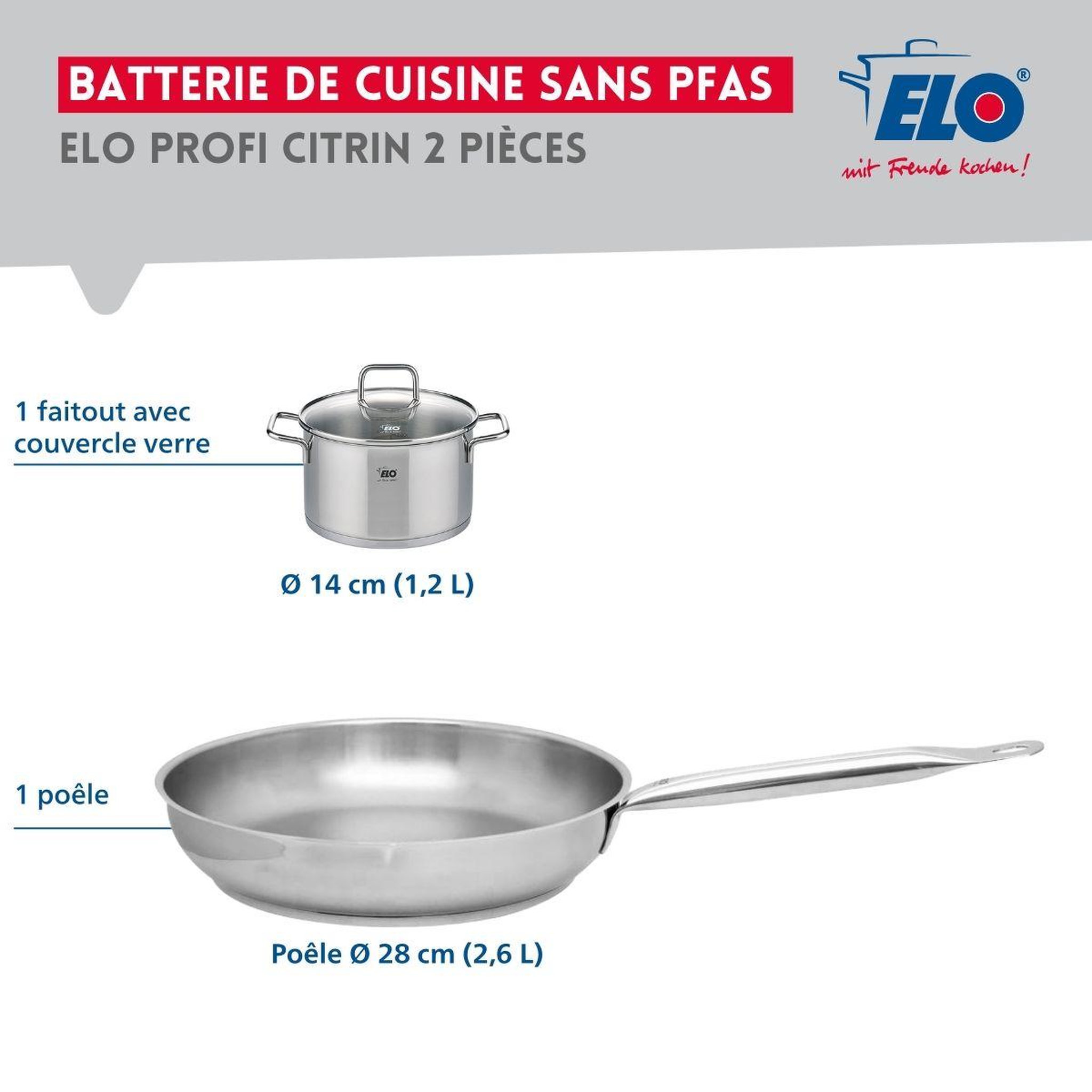 Voir la diapositive 2 : 666 Barcelona Ensemble de 1 Poêle de cuisson 28 cm et 1 faitout 14 cm Elo Profi Citrin