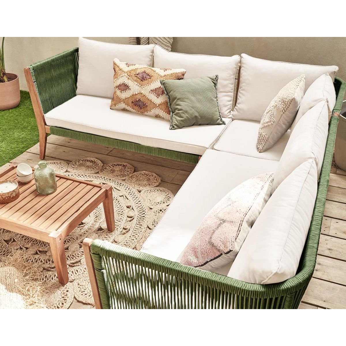 BEST MOBILIER Papua - salon de jardin en bois et corde kaki - 5 places - coussins beige