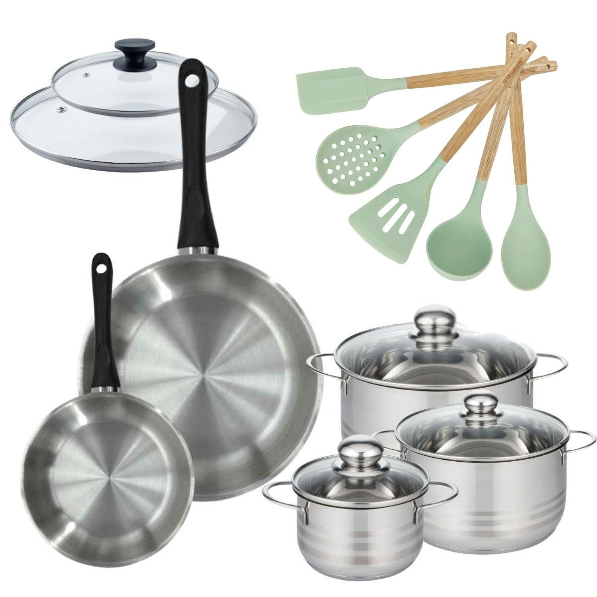 Fackelmann Batterie de cuisine avec 3 faitouts 16/20/24 cm et 2 poêles 20/28 cm avec 7 ustensiles de cuisine fackelmann généva brillant ocean avec couvercles