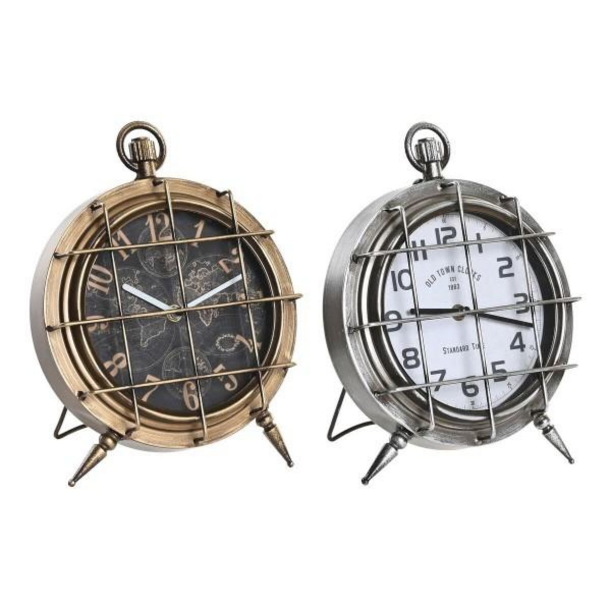 AAAAA Horloge de table DKD Home Decor Mappemonde 22 x 17 x 29 cm Verre Argenté Noir Doré Blanc Fer (2 Unités)