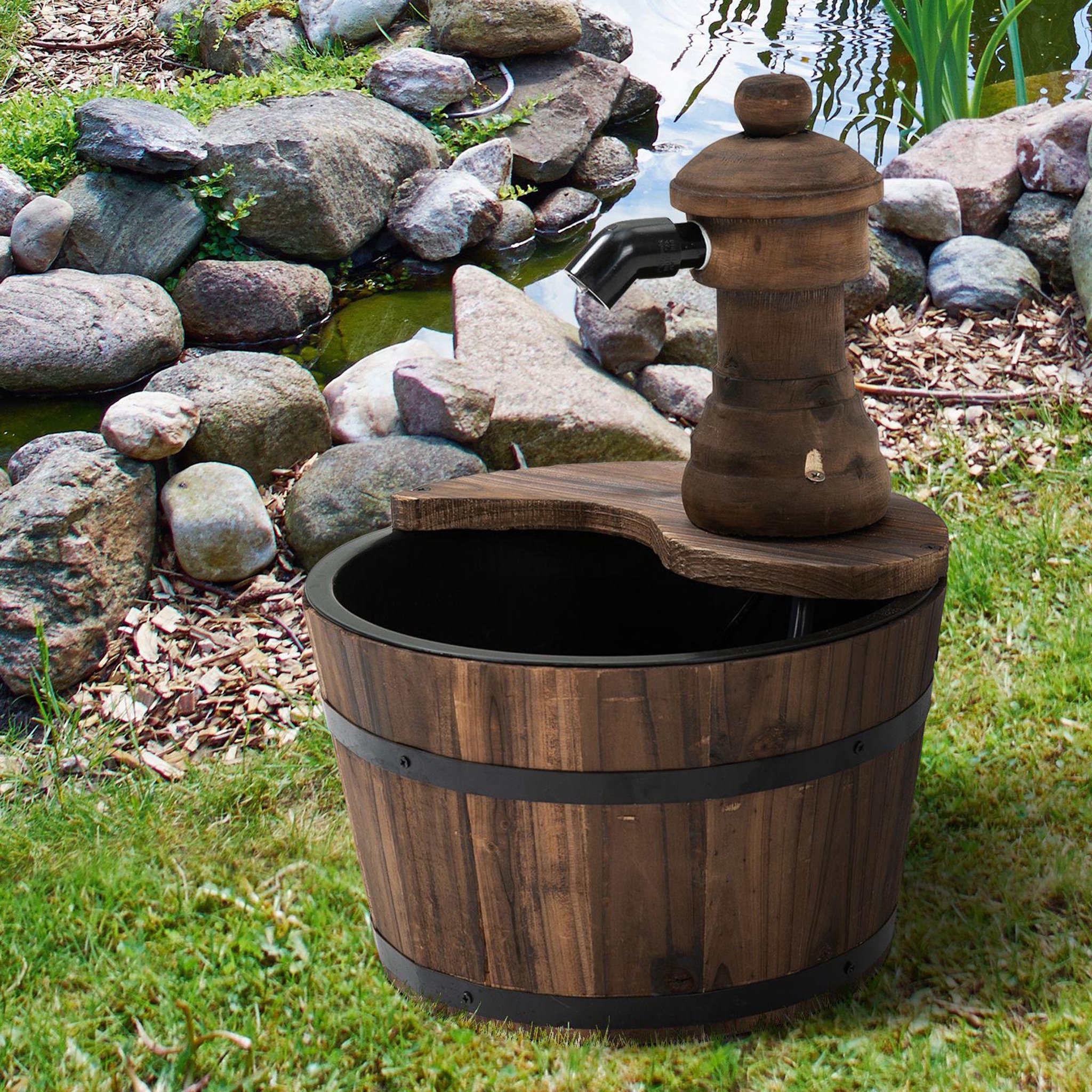 Voir la diapositive 4 : OUTSUNNY Fontaine de jardin tonneau pompe à eau submersible incluse Ø 27 x 37H cm bois de pin marron