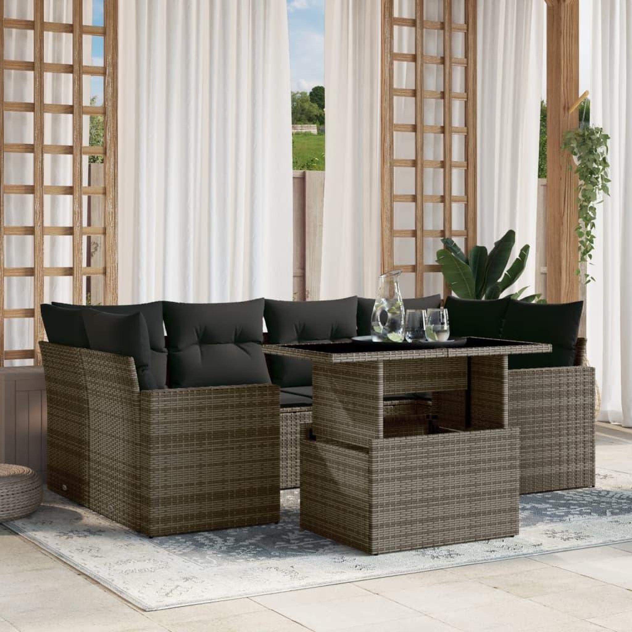 VIDAXL Salon de jardin avec coussins 7 pcs gris resine tressee