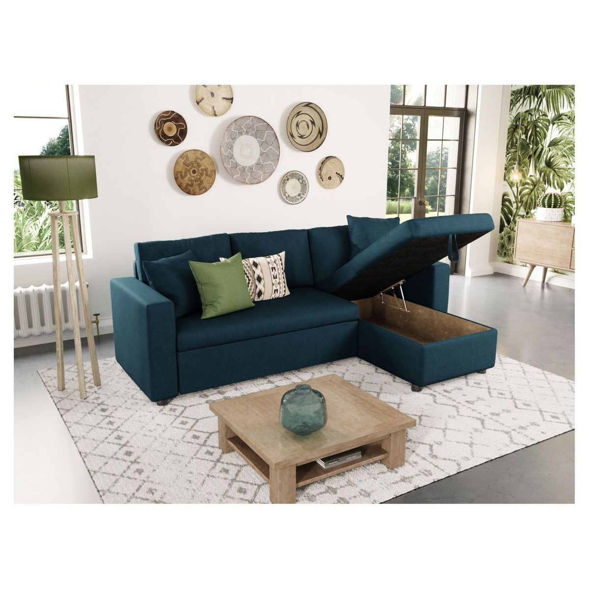 Canapé d'angle réversible convertible avec coffre en tissu ou velours GERALDINE 