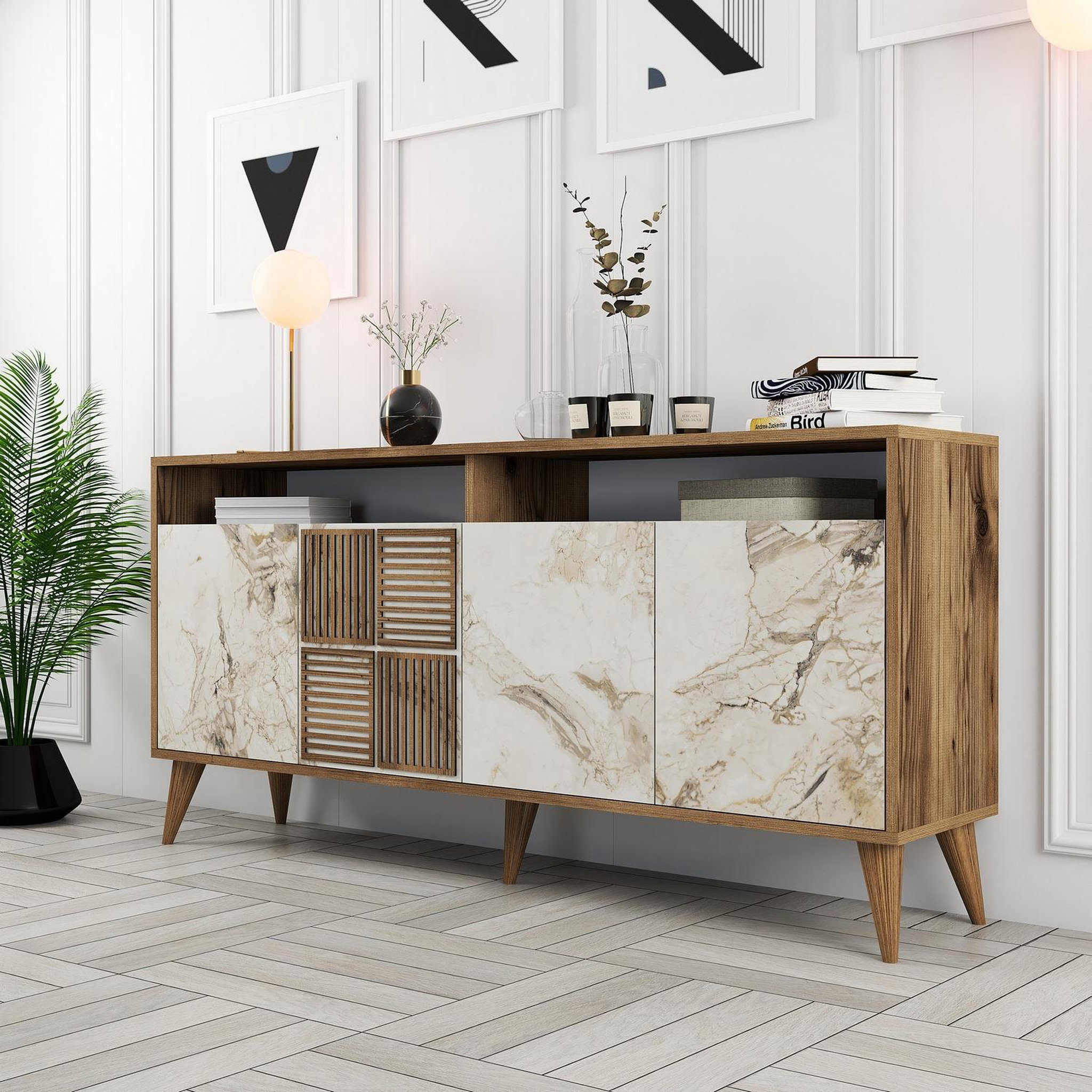 Voir la diapositive 3 : Habitat et Jardin Buffet en bois  milan  - 160 x 35 x 78 cm - noyer, marbre blanc