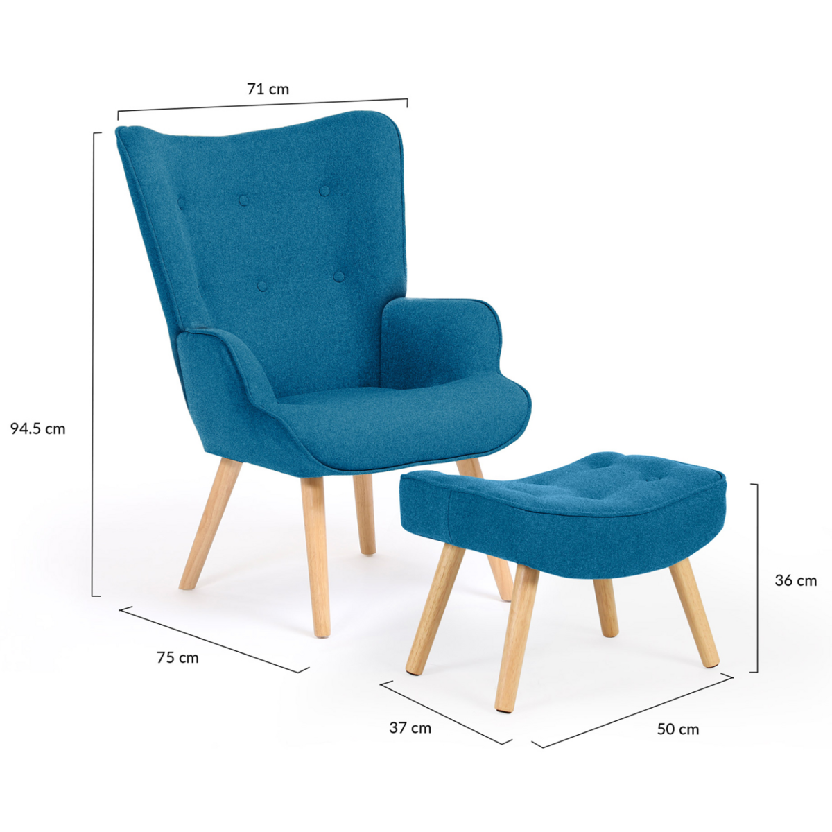 ID MARKET Fauteuil scandinave IVAR avec repose pieds bleu canard
